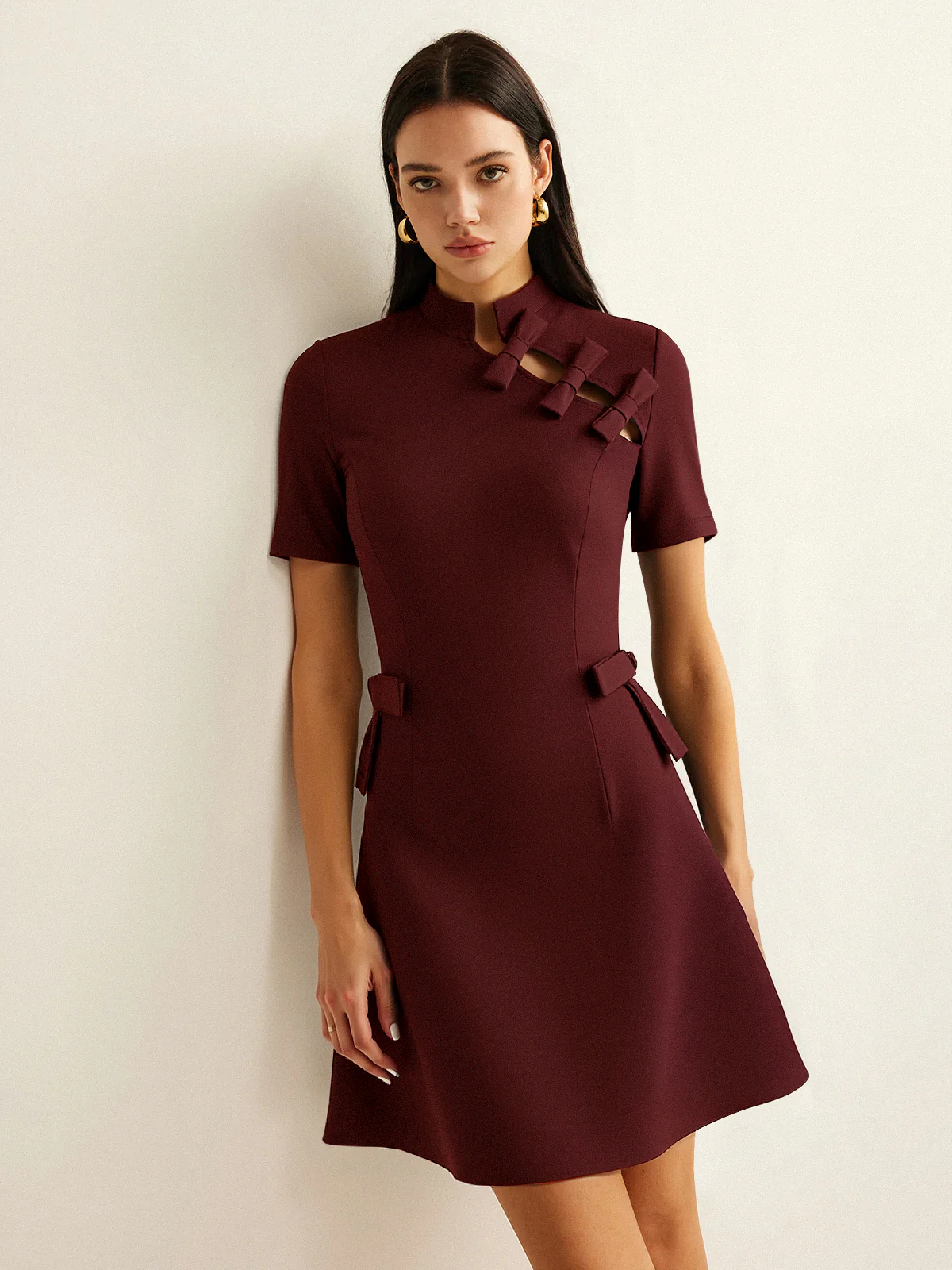 Bow Cut-Out Stand Collar Short Sleeve Dress - Wholesalesil