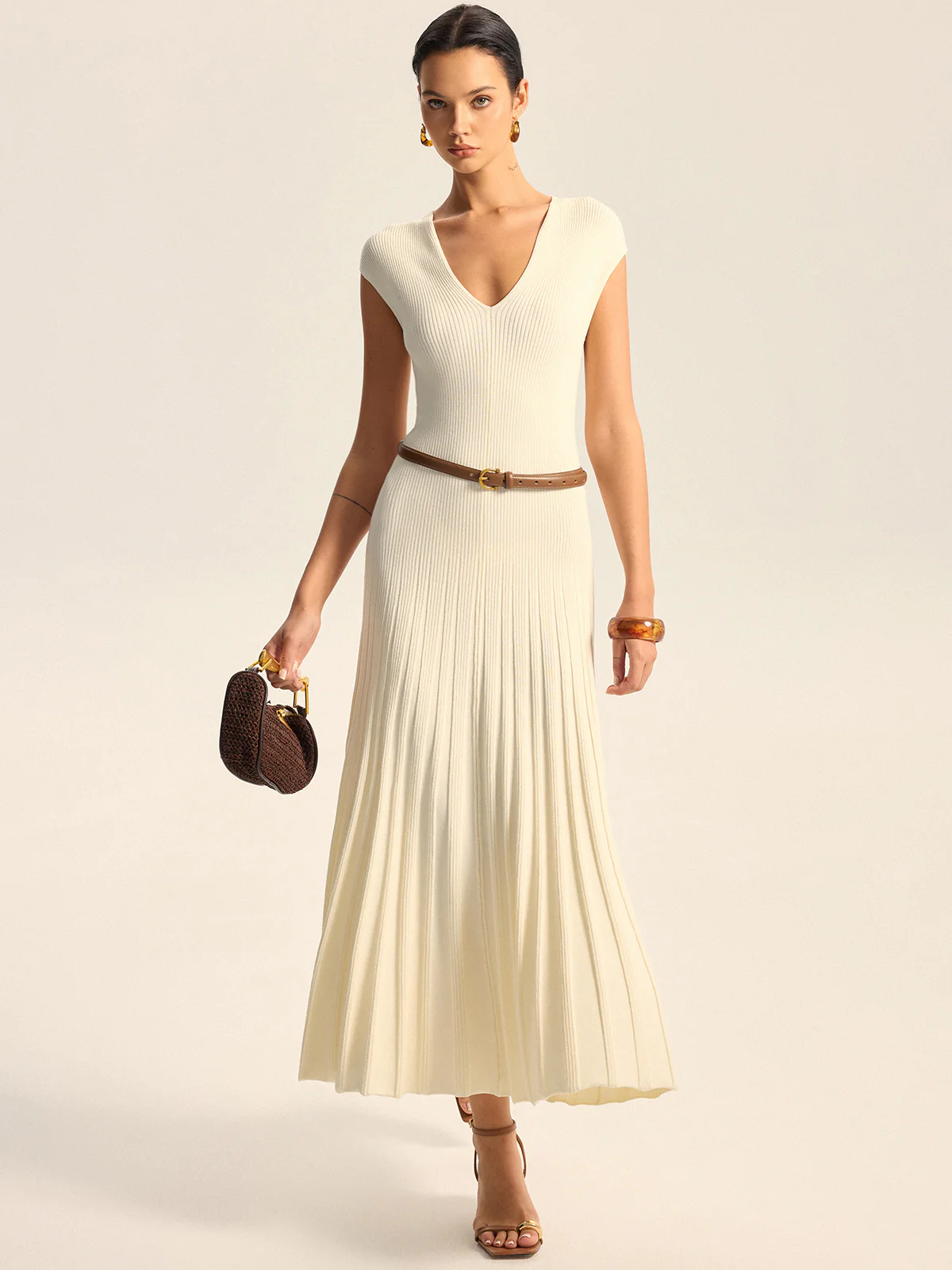 Ribbed Knit V-Neck Midi Dress Without Belt - Wholesalesil