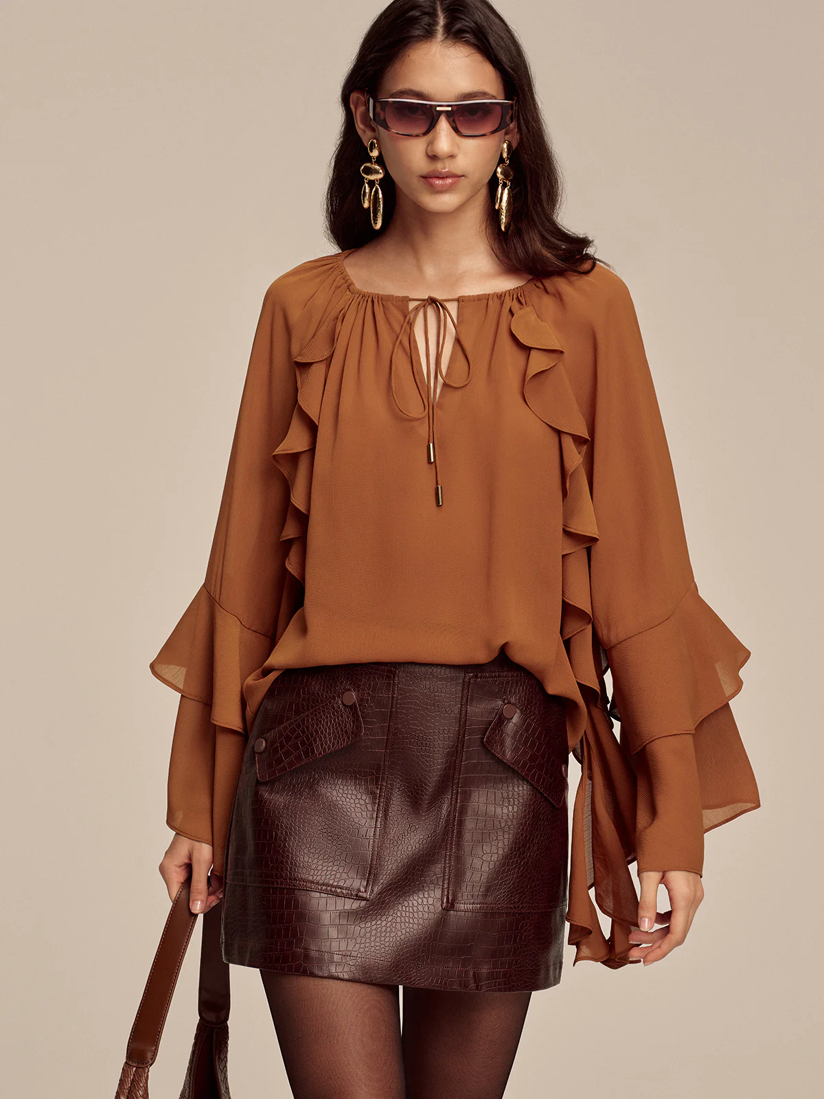 Chiffon Ruffled Tiered Sleeve Tie-Neck Blouse - Wholesalesil