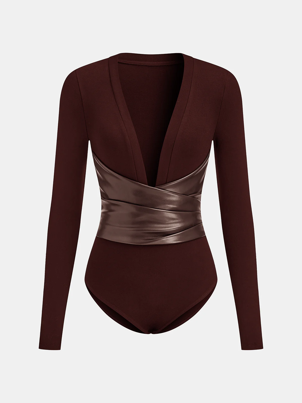 Faux Leather Wrap Waist V-Neck Bodysuit - Wholesalesil