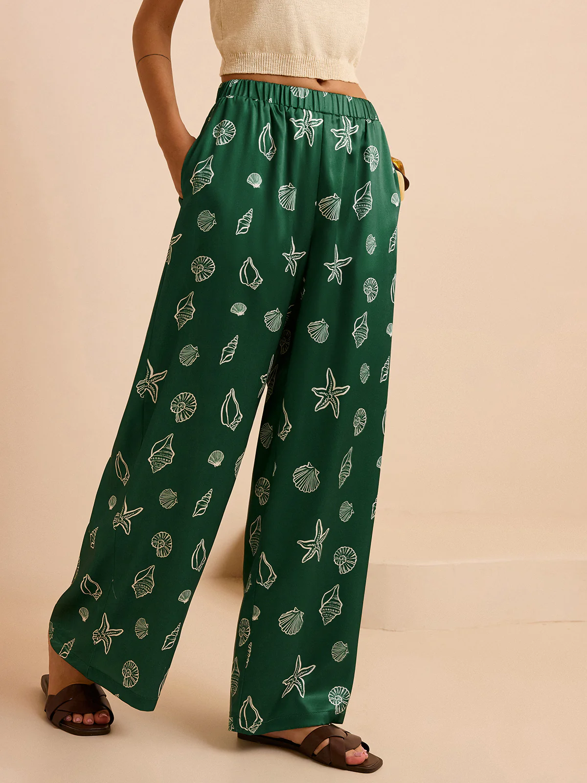 Oversized Mid-Waist Pants with Seashell and Starfish Prints - Wholesalesil