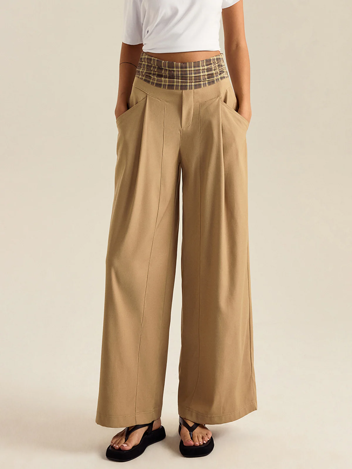 Pocketed Gingham Wide-Leg Pants - Wholesalesil