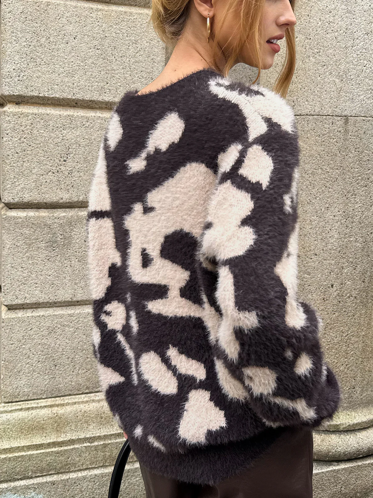 Cow Print Fuzzy Crew Neck Sweater - Wholesalesil