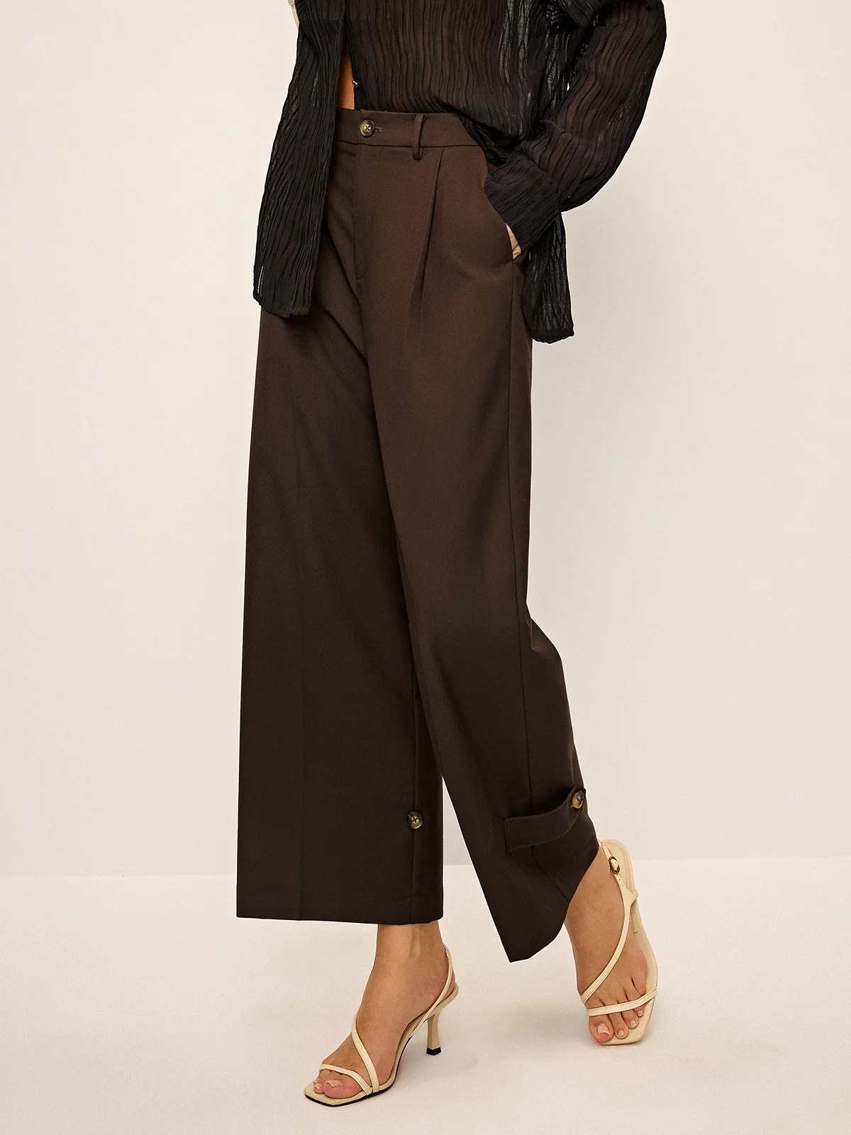 Pleated Wide-Leg Pants with Ankle Button Detail - Wholesalesil