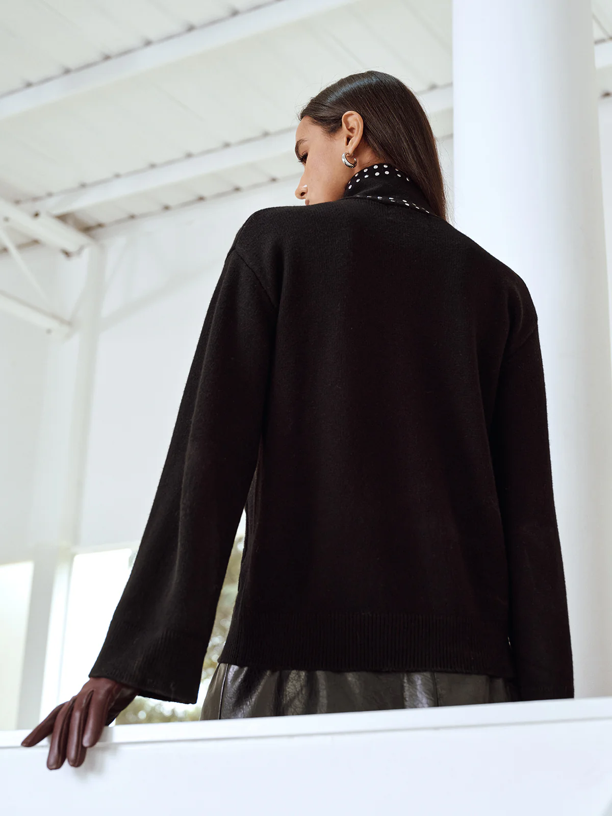 Wool Blend V-Neck Cardigan with Studded Scarf - Wholesalesil