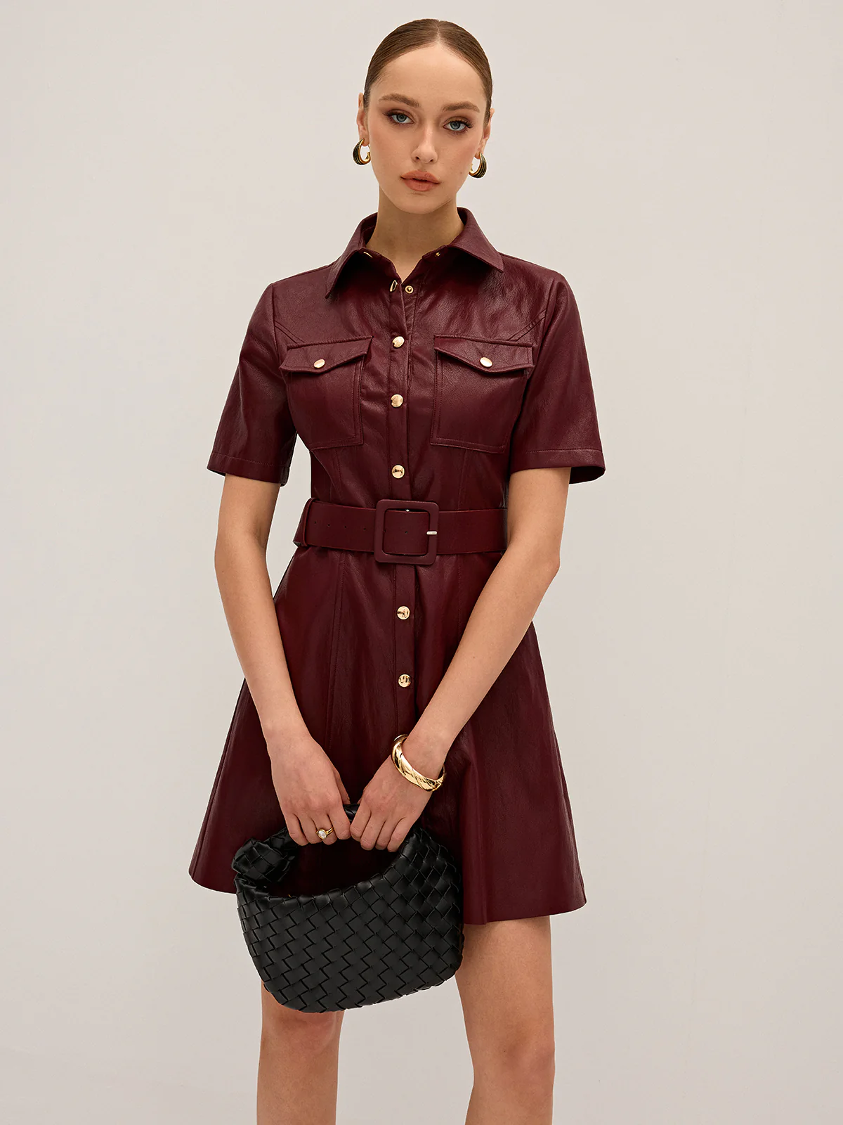 Shirt Collar Belted PU Leather Mini Dress - Wholesalesil
