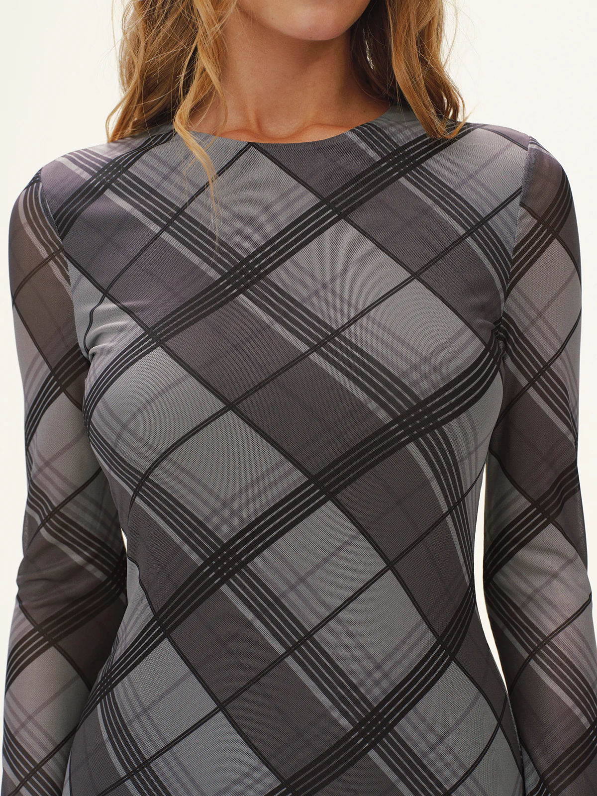 Plaid Mesh Long Sleeve Maxi Dress without Belt - Wholesalesil