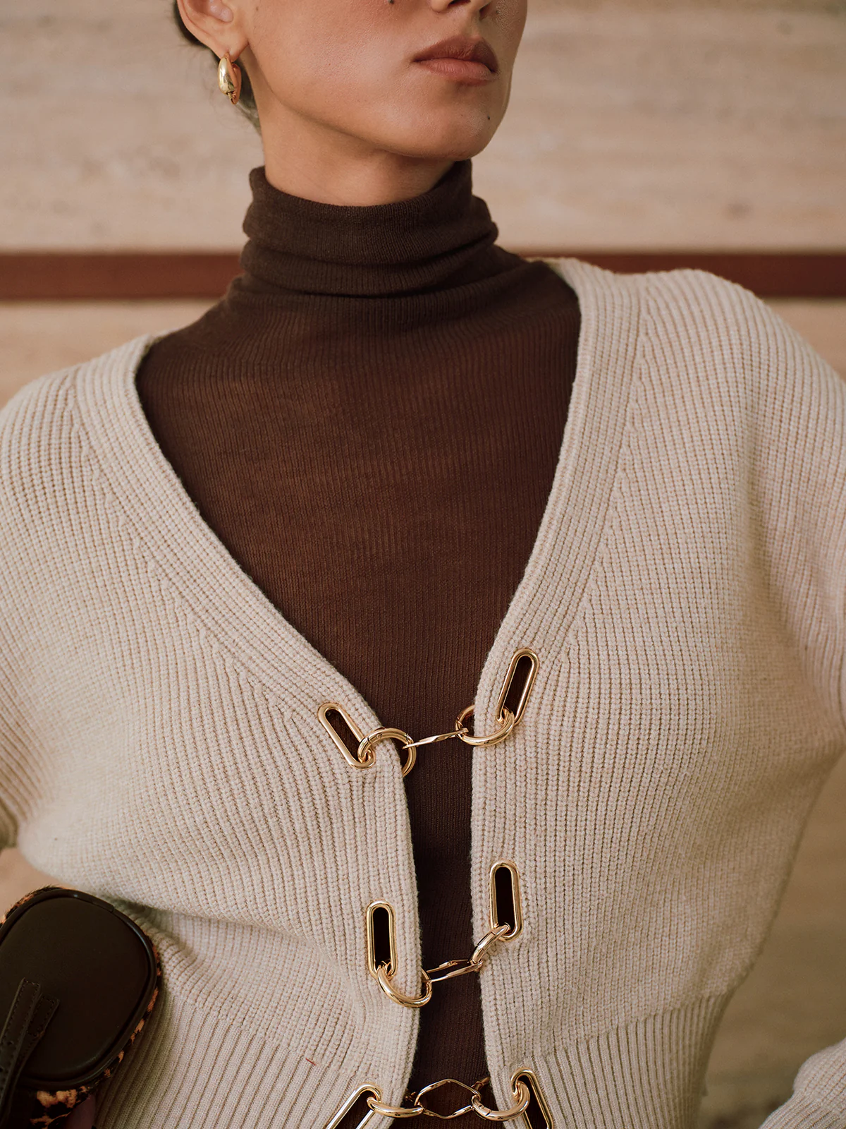 Puff Sleeve Chain Closure Knit Cardigan - Wholesalesil