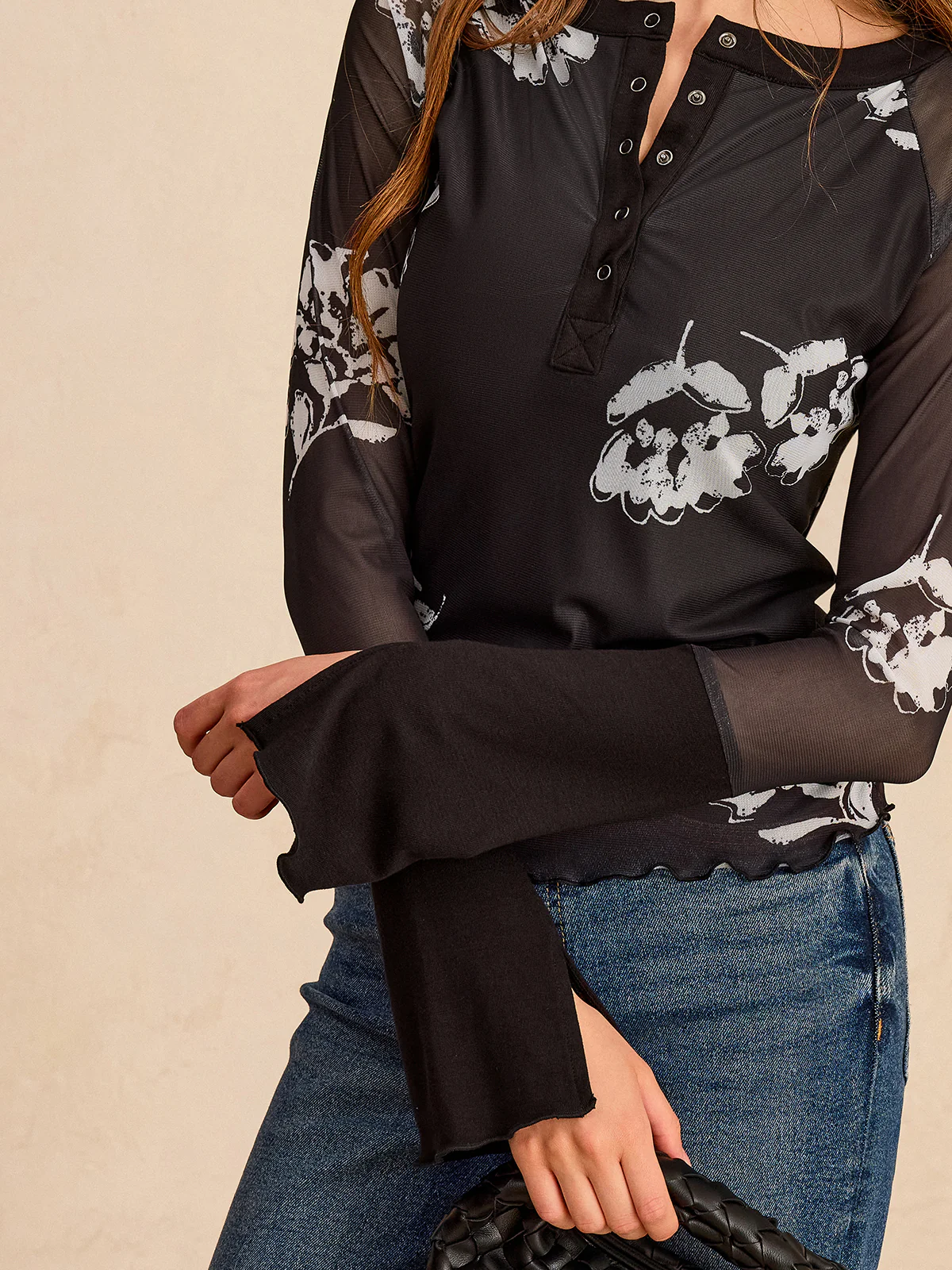 Floral Print Mesh Sleeve T-Shirt - Wholesalesil