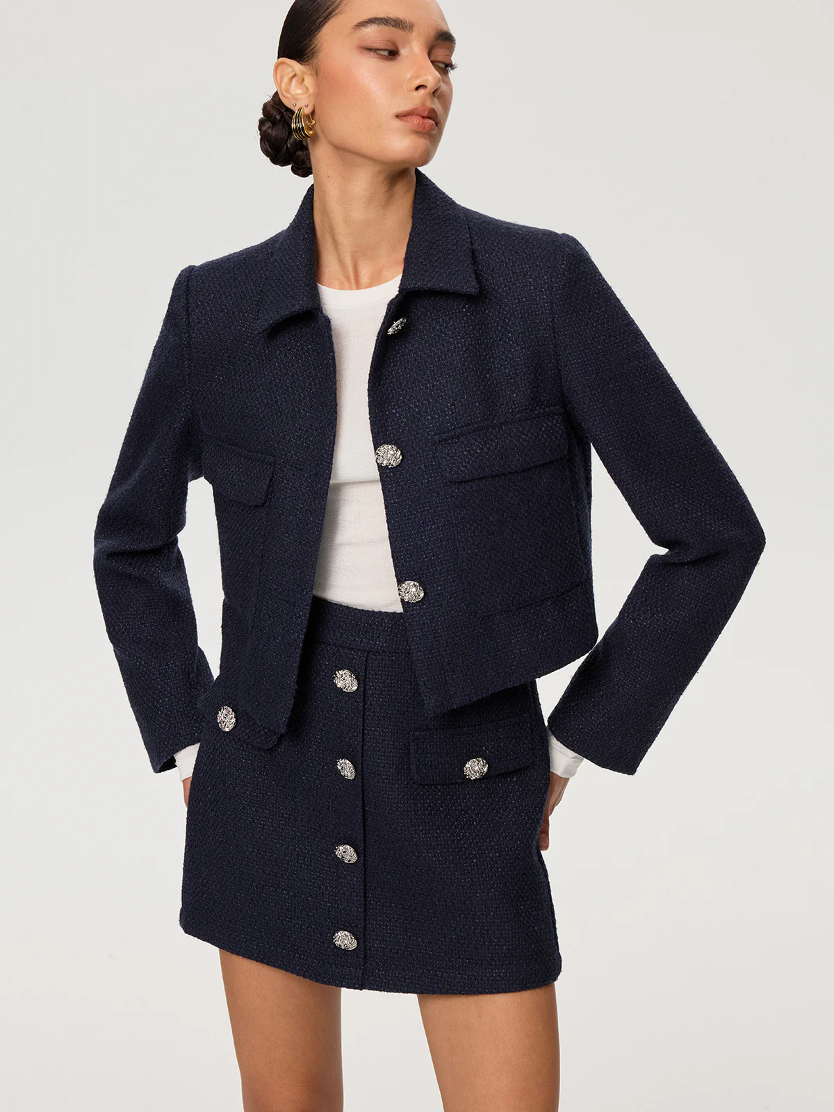 Metal Button Tweed Collared Jacket - Wholesalesil