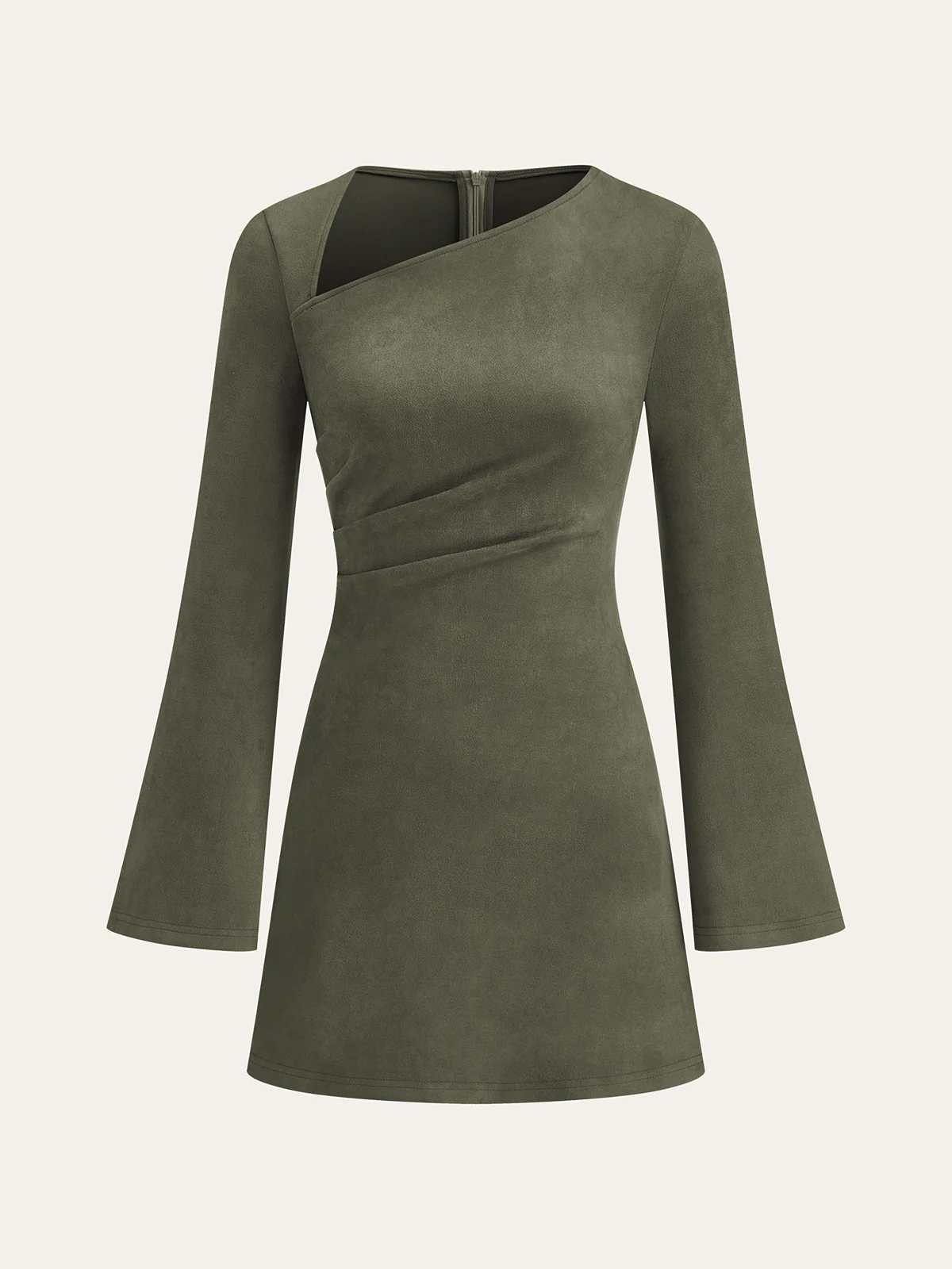 Asymmetrical Ruched Long Sleeve Suede Effect Mini Dress - Wholesalesil