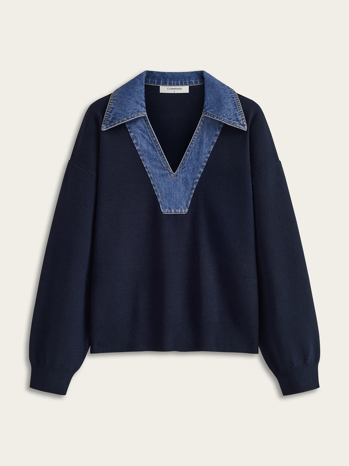 Denim Collar V-Neck Sweater - Wholesalesil