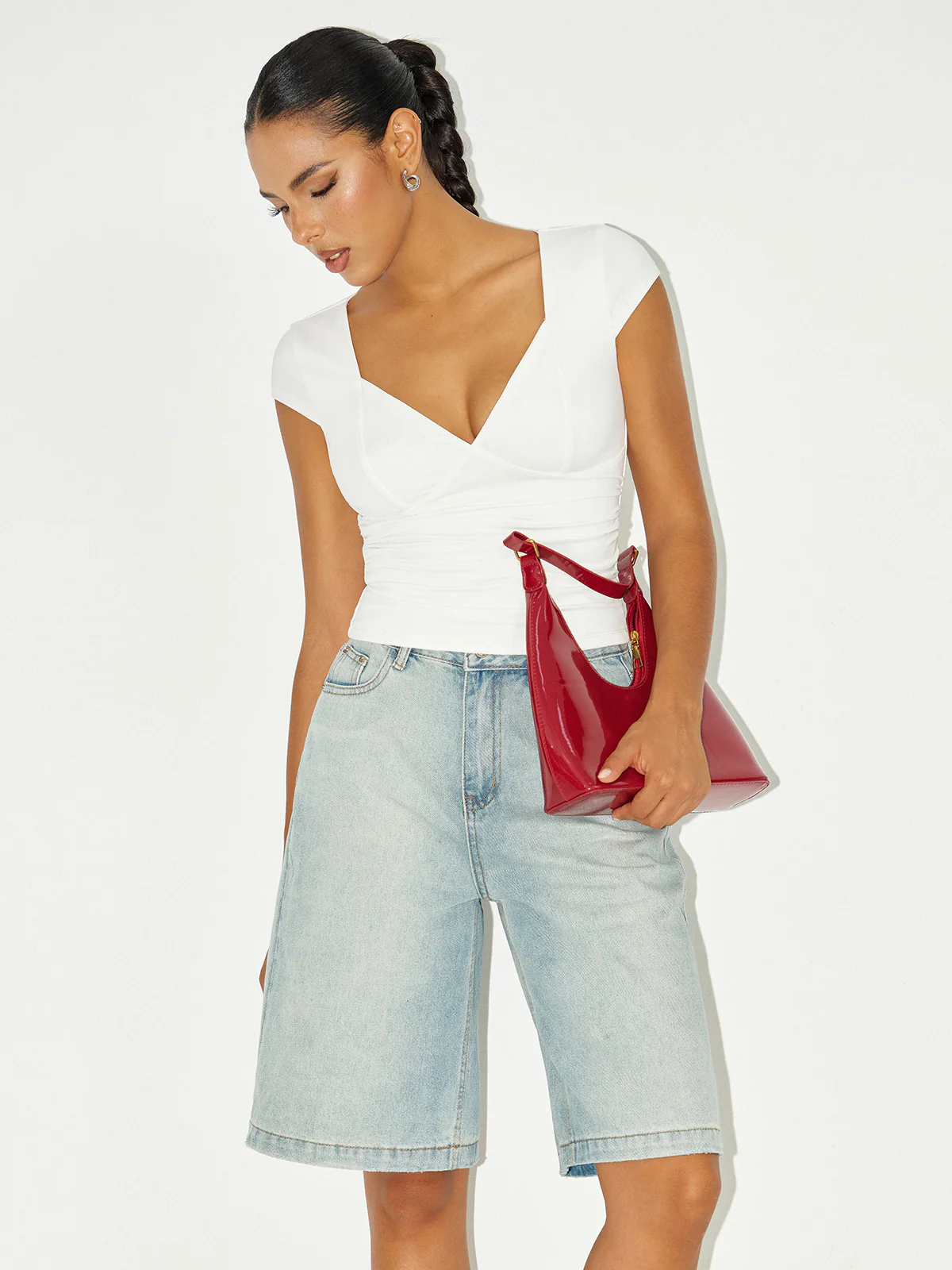 Ruched V-Neck Cap Sleeve T-Shirt - Wholesalesil