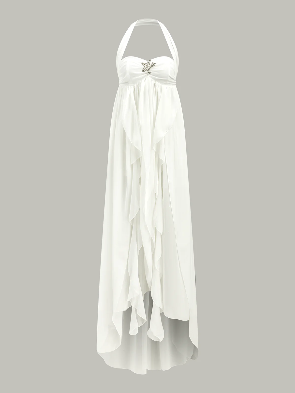 Semi-Sheer Halter Ruffle Backless Maxi Dress - Wholesalesil