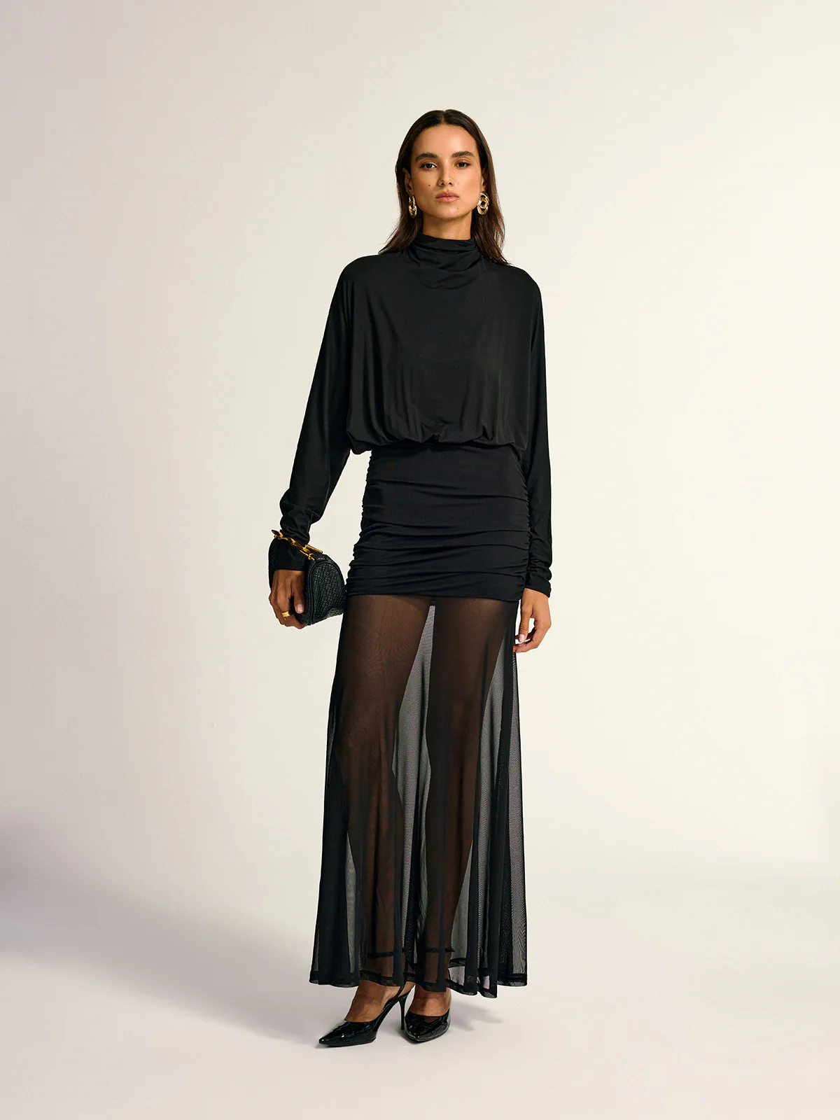 Turtleneck Long Sleeve Drape Ruched Mesh Dress - Wholesalesil