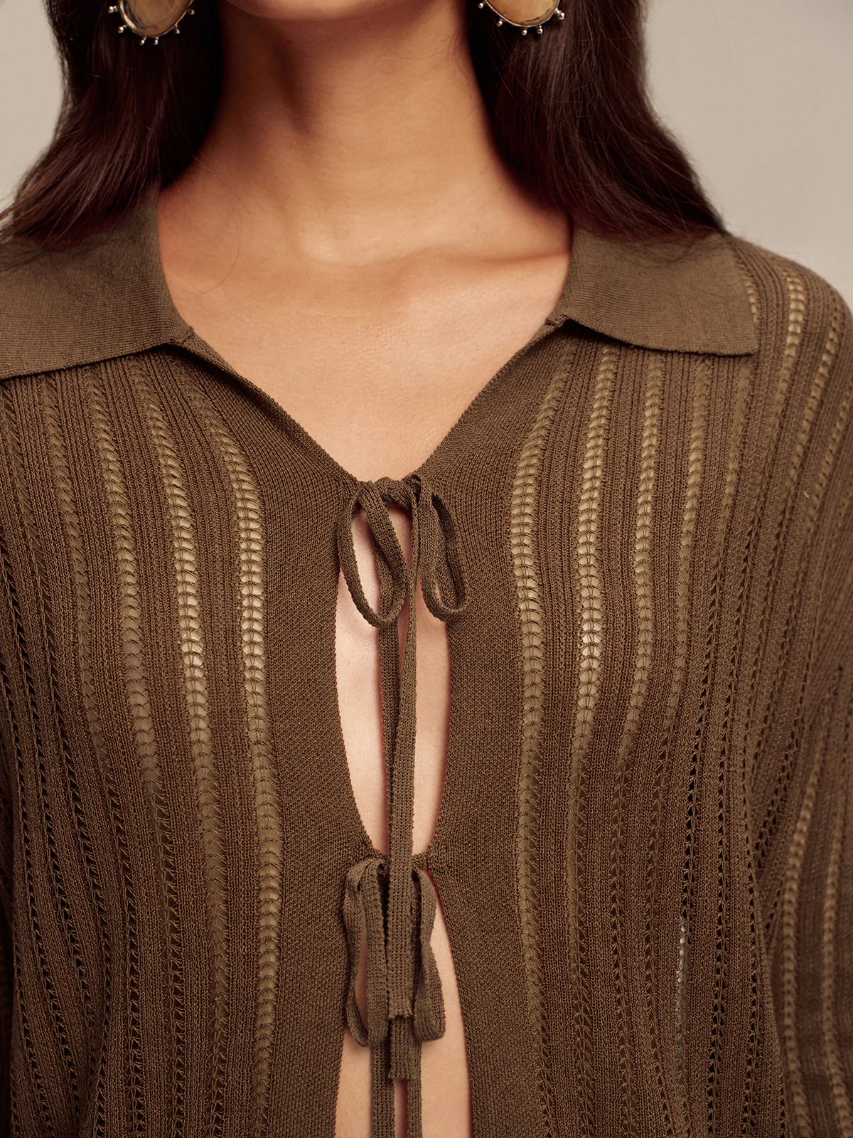Polo Collar Tie-Front Knit Cardigan - Wholesalesil