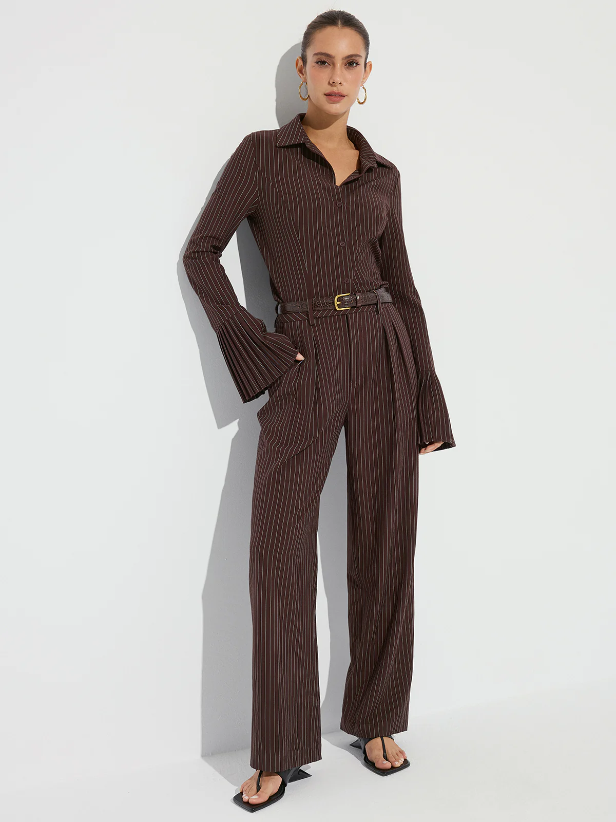 Striped Pleated Wide-Leg Pants without Belt - Wholesalesil