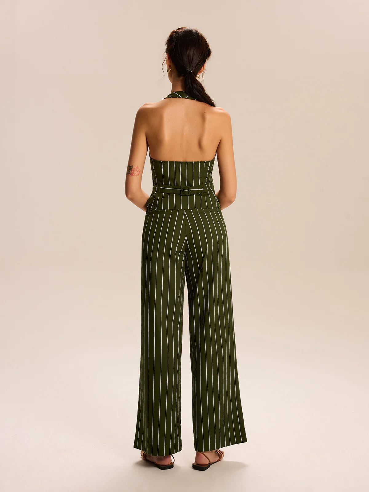 Striped Halter-Neck Vest and Wide-Leg Pants Set - Wholesalesil