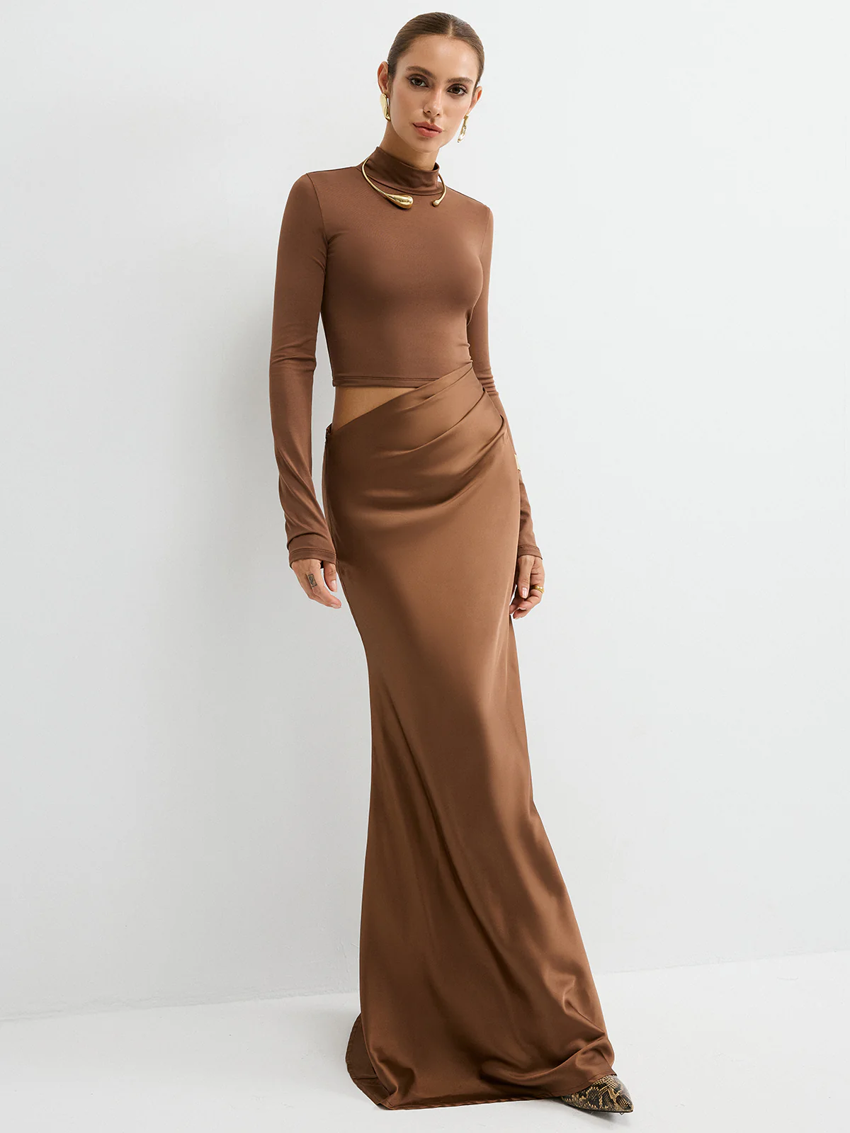 Satin Panel Mock Neck Long Sleeve Maxi Dress - Wholesalesil