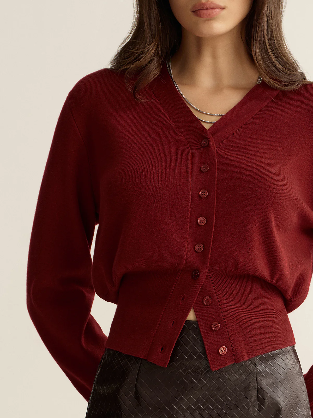 Button-Front V-Neck Cropped Cardigan - Wholesalesil