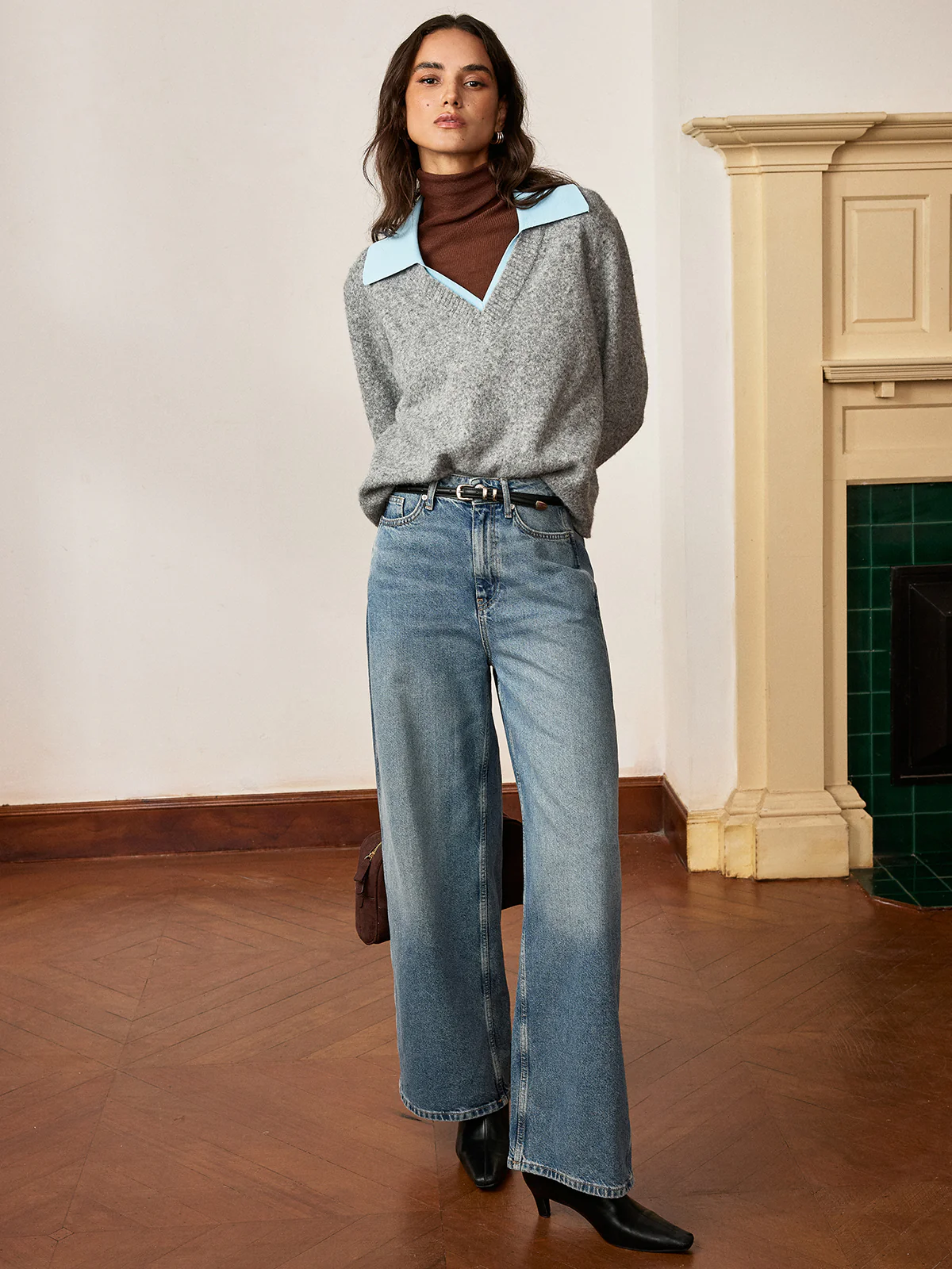 Contrast Collar Wool Blend Sweater - Wholesalesil