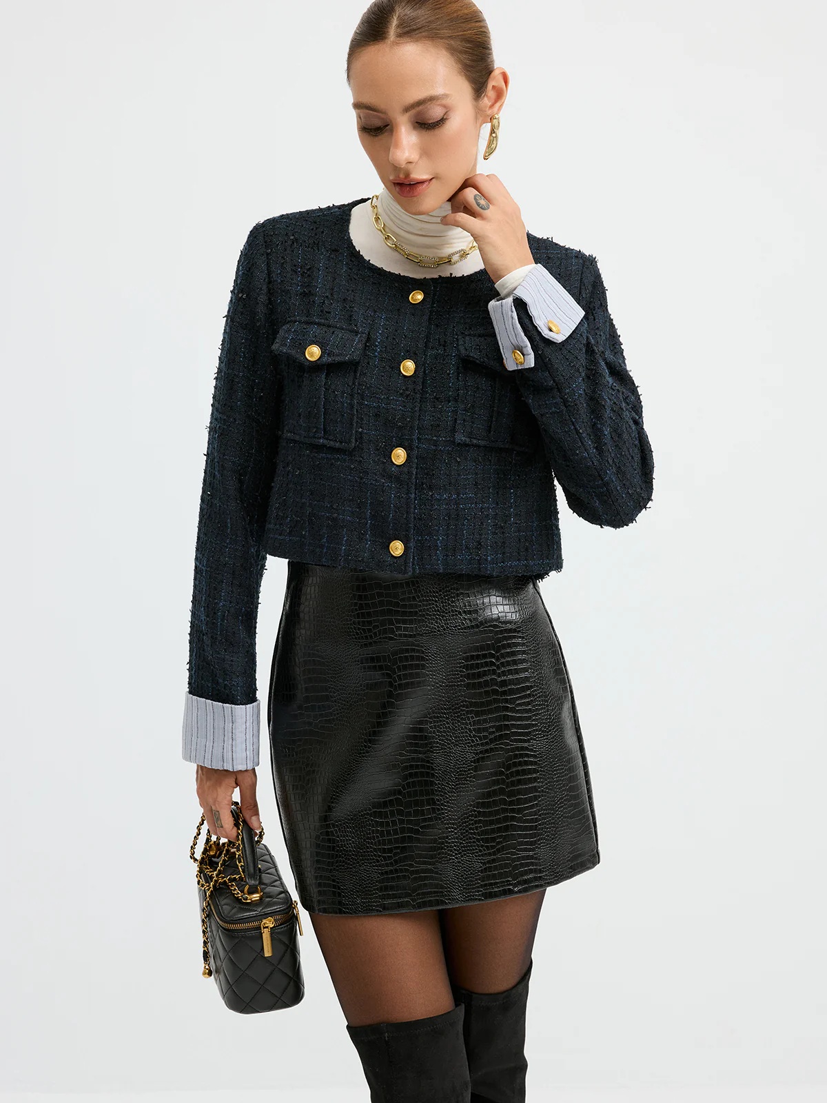 Tweed Cuffed-Sleeve Cropped Wool Blend Jacket - Wholesalesil