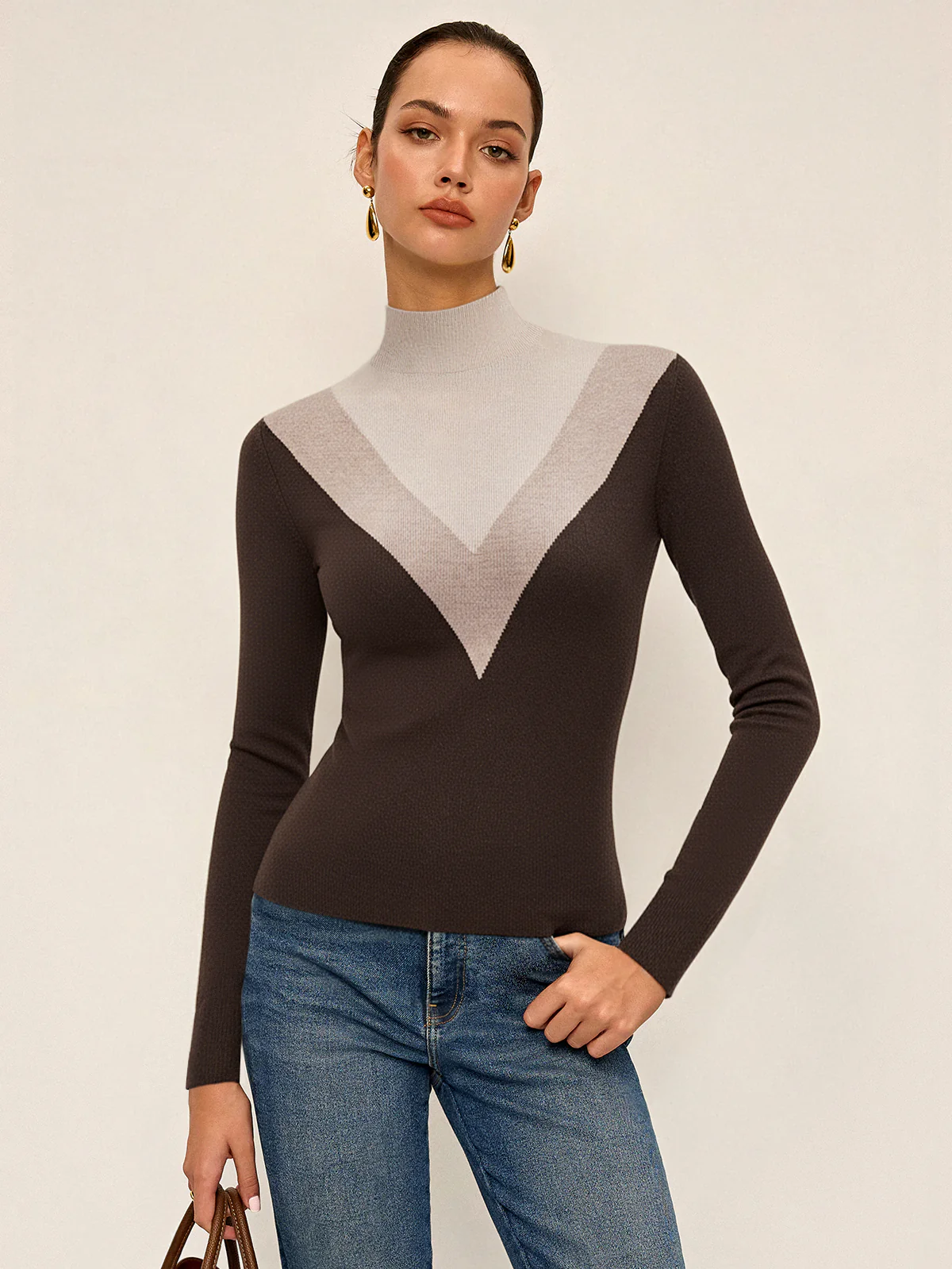 Color Block Mock Neck Fitted Knit Top - Wholesalesil