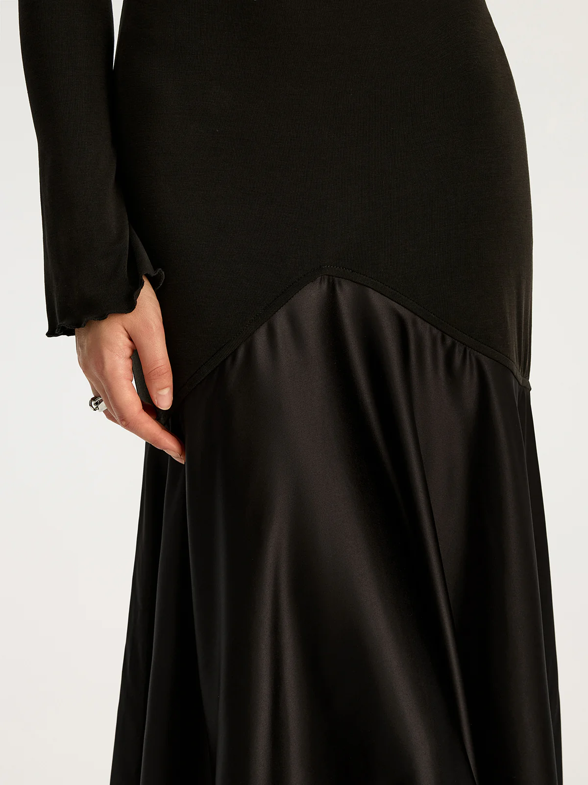 Satin Panel Jersey Sqaure Neck Long Dress - Wholesalesil