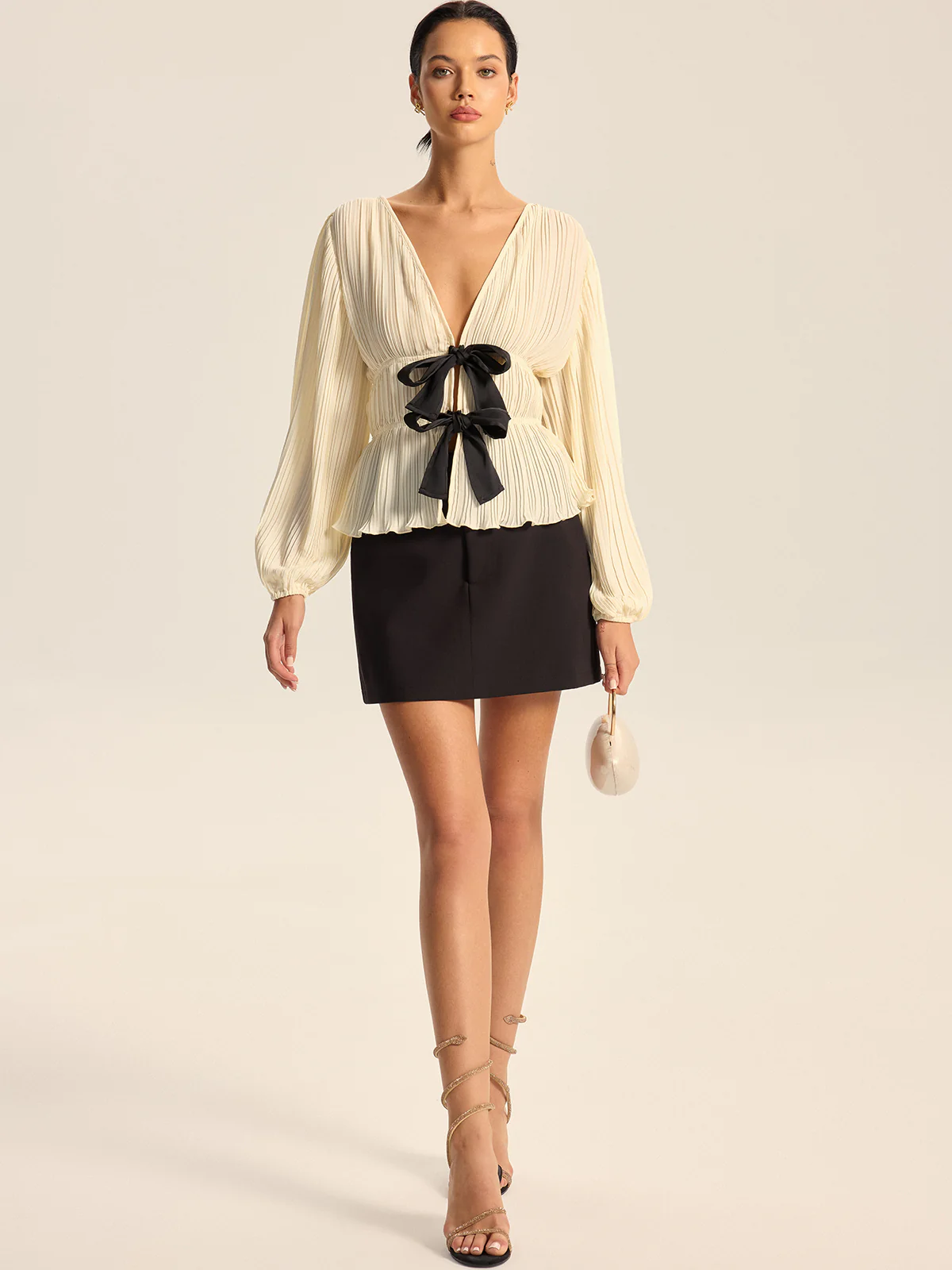 Pleated V-Neck Bow Blouse - Wholesalesil