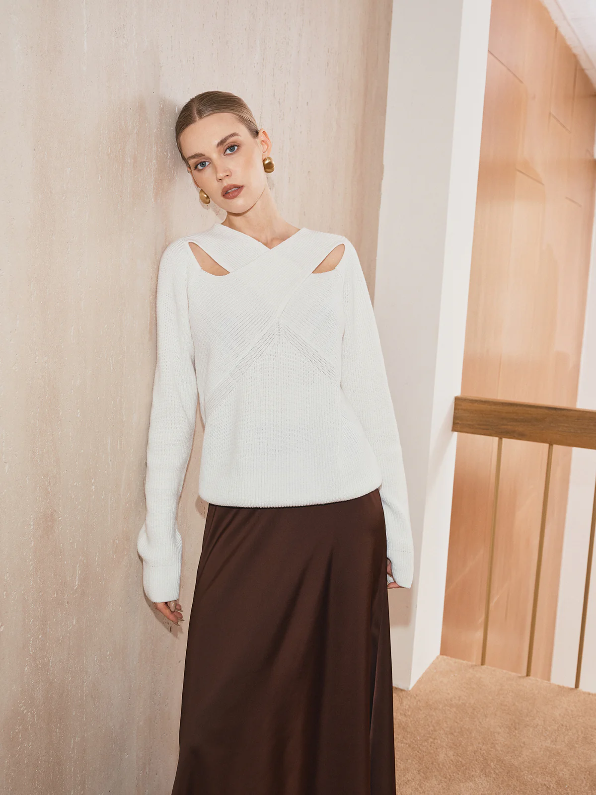 Cross-Over Collar Cut-Out Knit Sweater - Wholesalesil