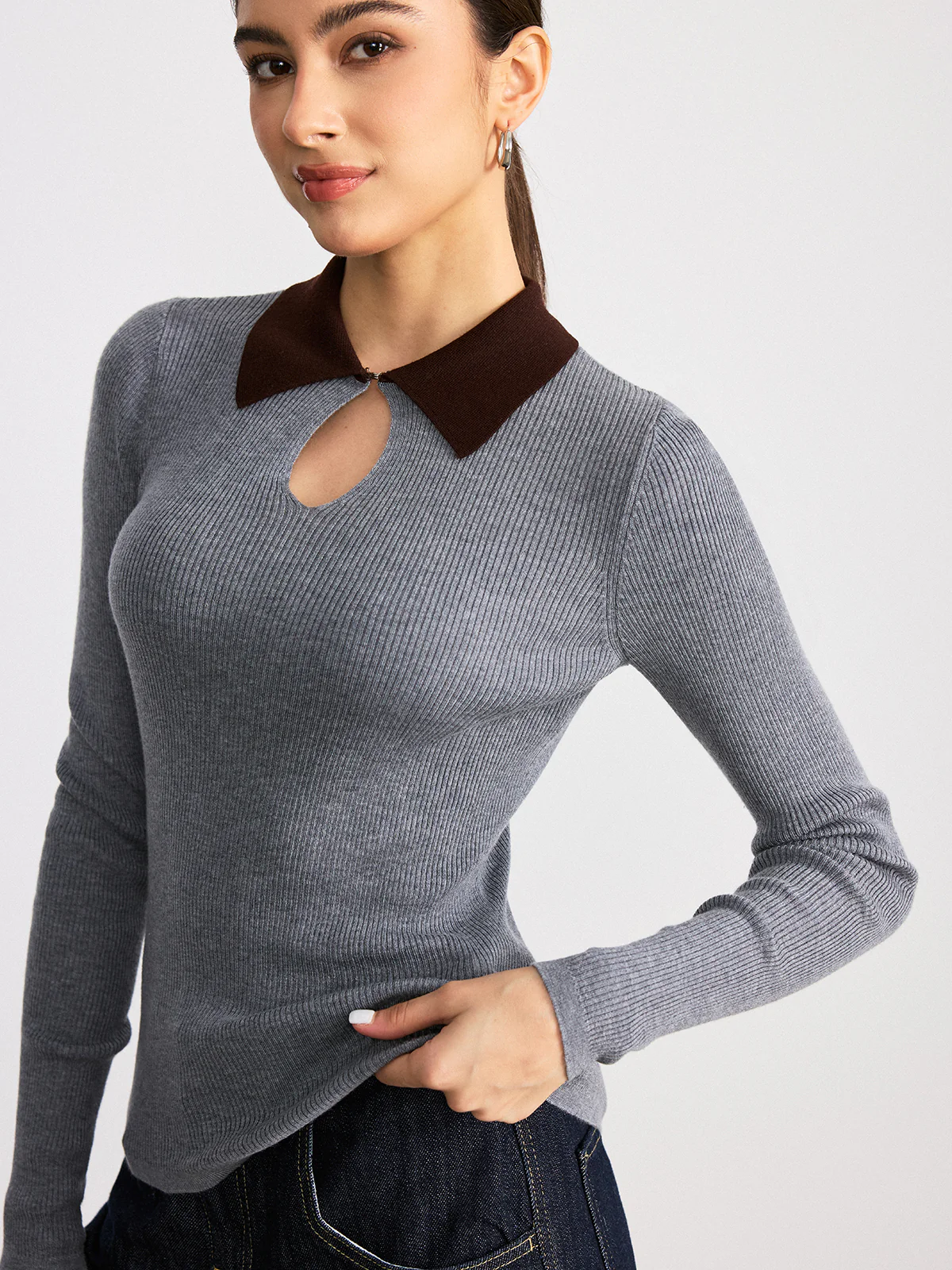Contrast Collar Wool Blend Ribbed Knit Top - Wholesalesil