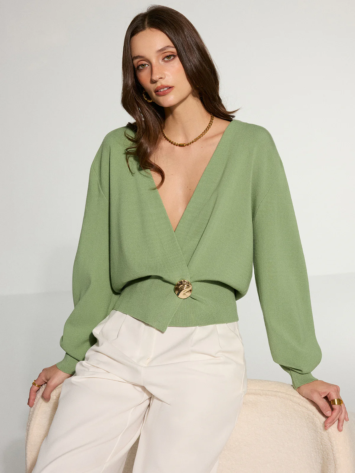 Metal Decor Waisted Knitted Wrap Cardigan - Wholesalesil