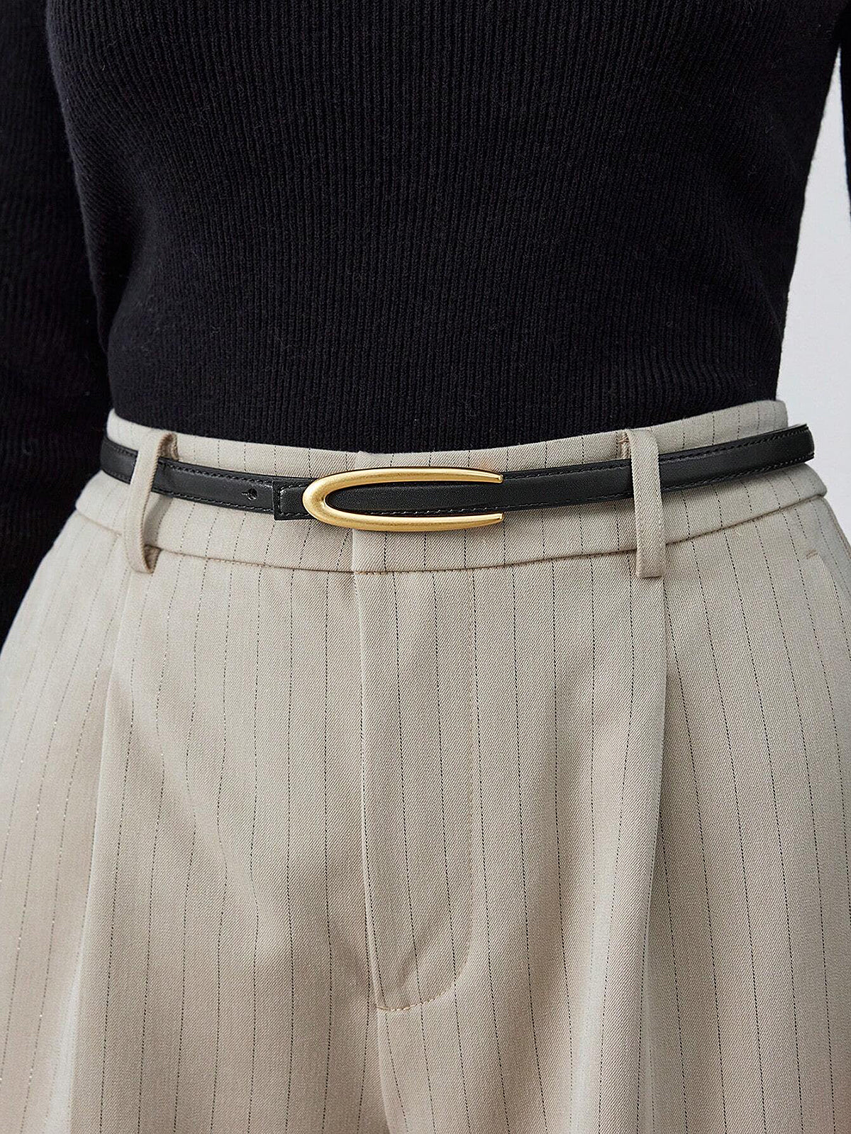 Gold Oval Buckle PU Leather Thin Belt - Wholesalesil