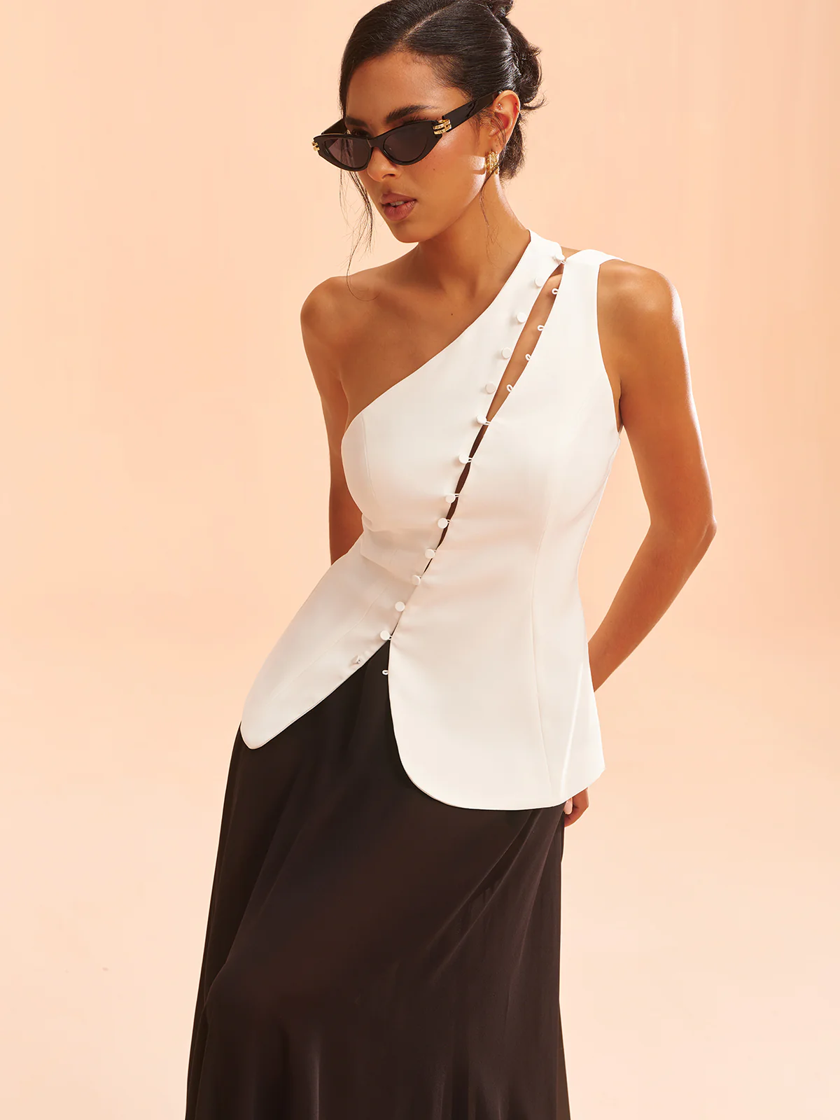 One-Shoulder Asymmetric Button Vest - Wholesalesil