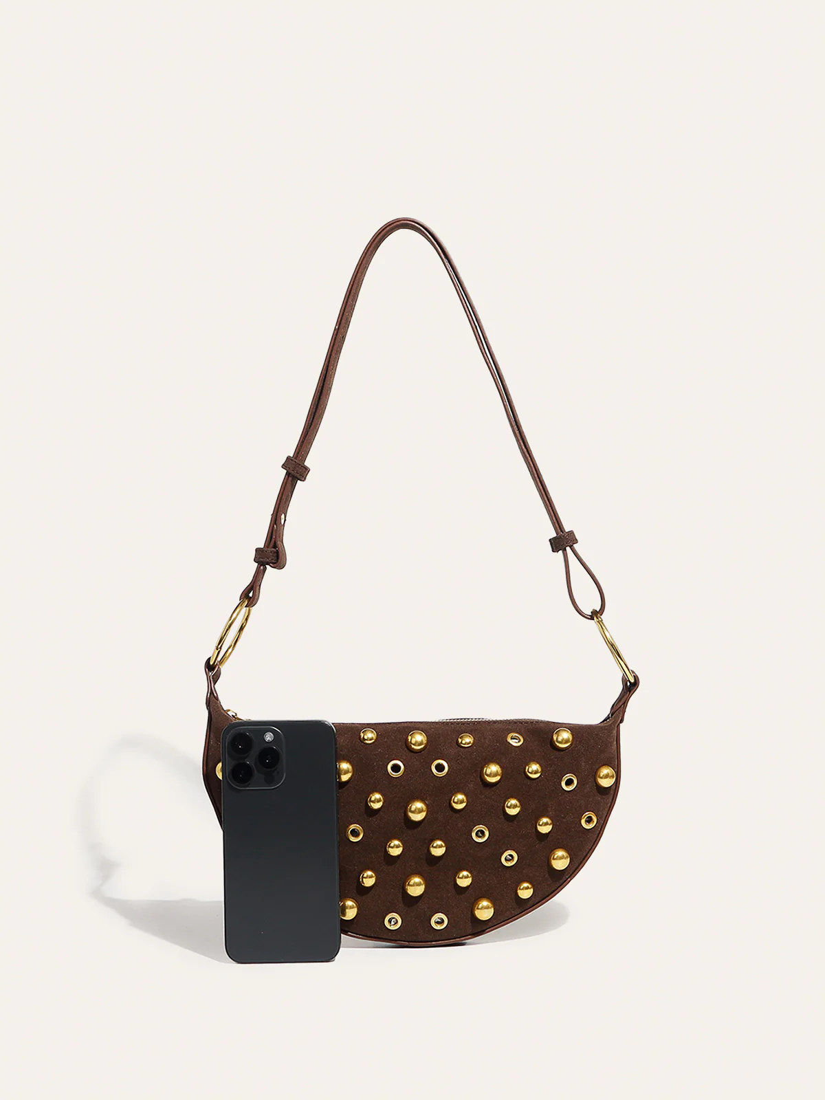 Suede Effect Studded Half-Moon Shoulder Bag - Wholesalesil