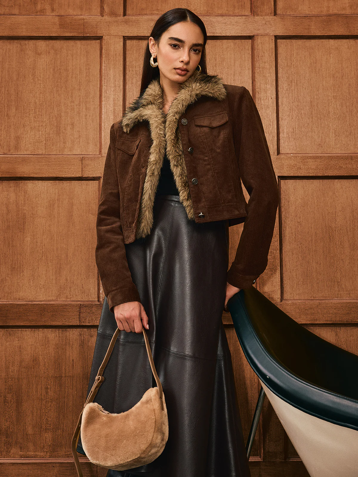 Faux Fur Collar Corduroy Jacket - Wholesalesil