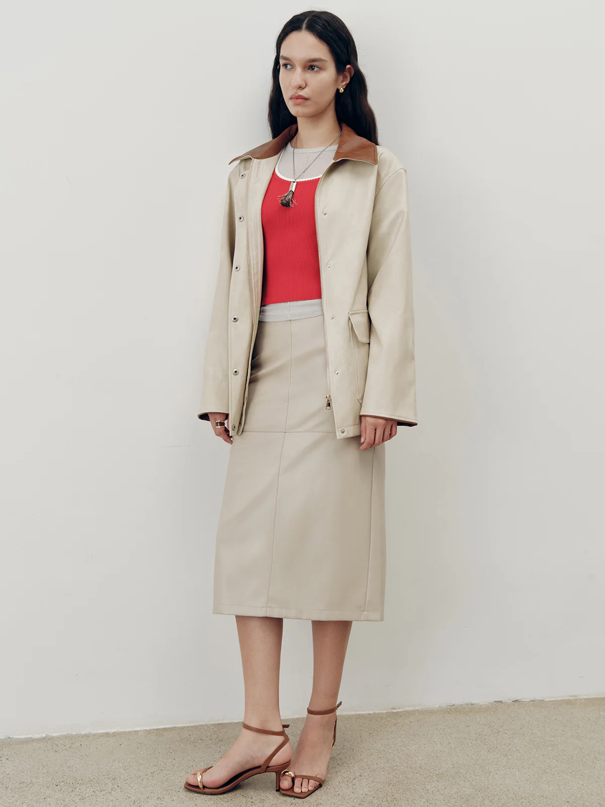 Contrast Collar PU Leather Jacket - Wholesalesil