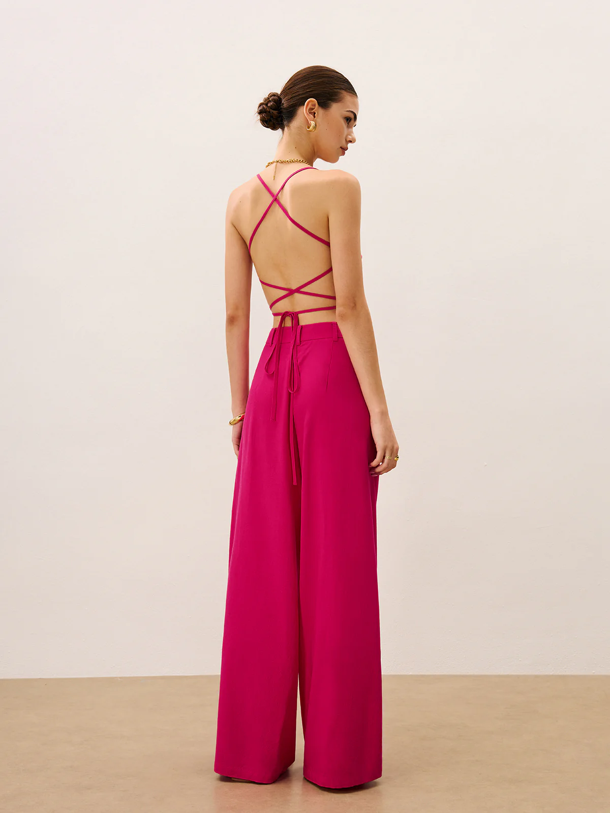 Tie-Back Top and Wide-Leg Pants Set - Wholesalesil