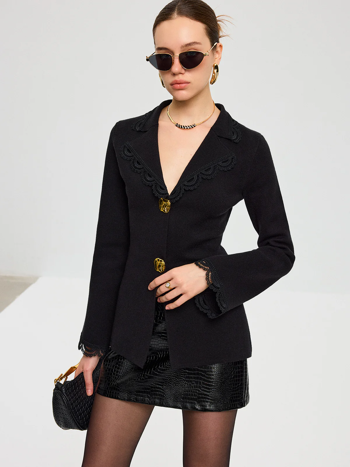 Wool Blend Lace Trim Metal Button Cardigan - Wholesalesil