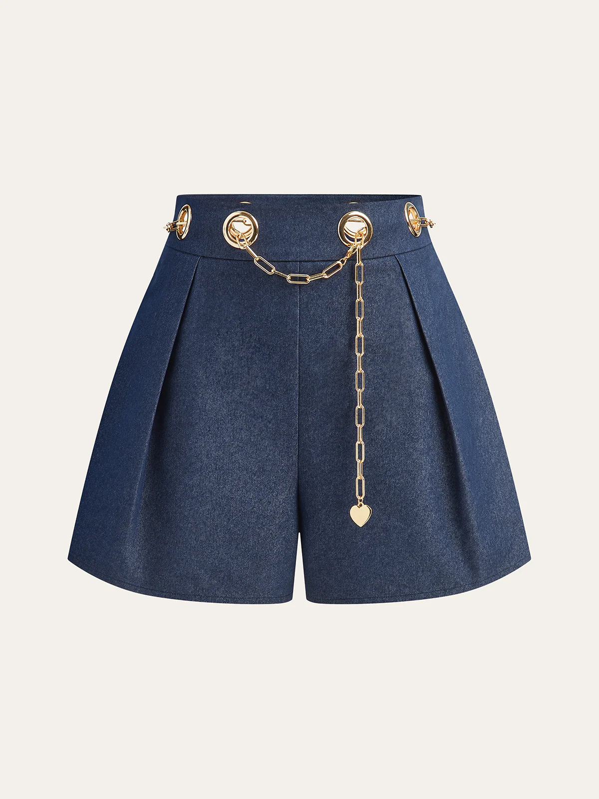 Faux Denim Shorts with Metal Chain Belt - Wholesalesil