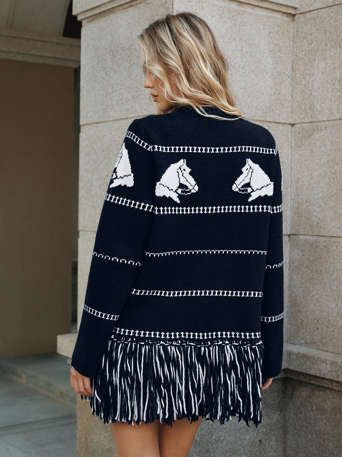 Horse-Pattern Wool Blend Fringe Cardigan - Wholesalesil