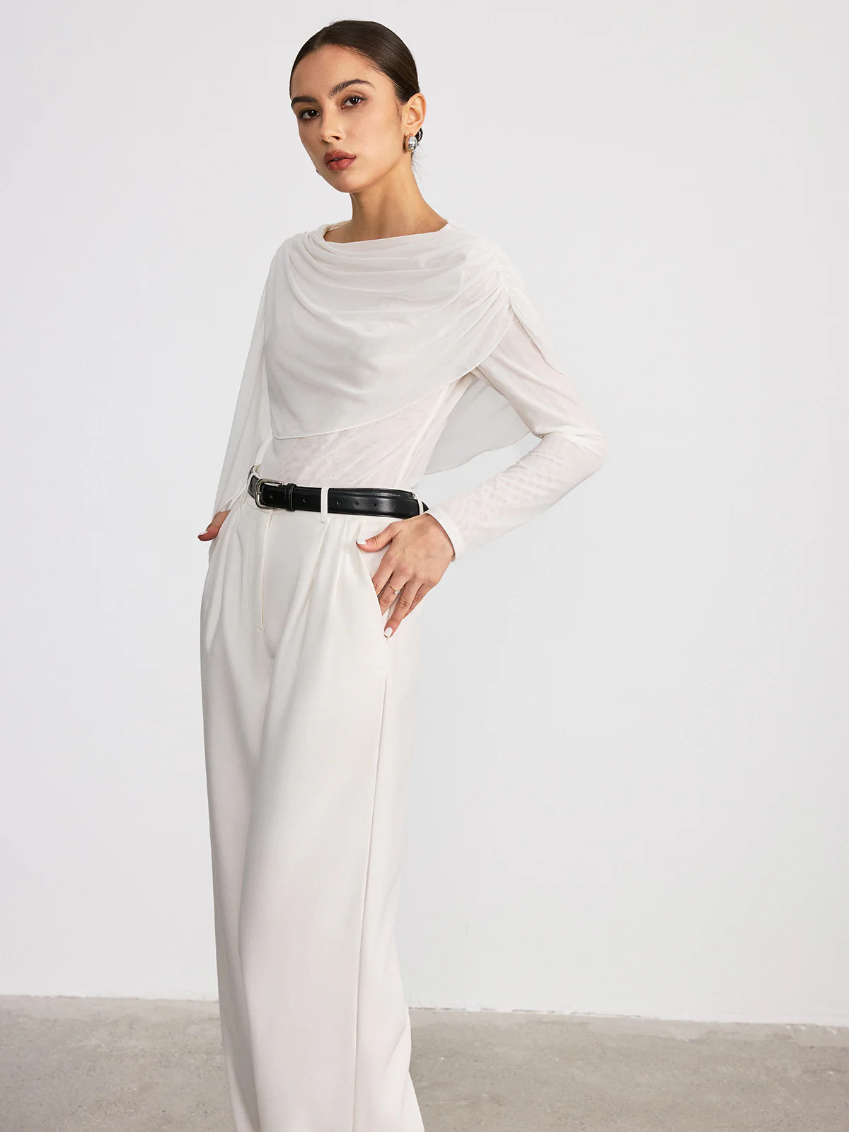 Draped Mesh Long Sleeve Blouse - Wholesalesil