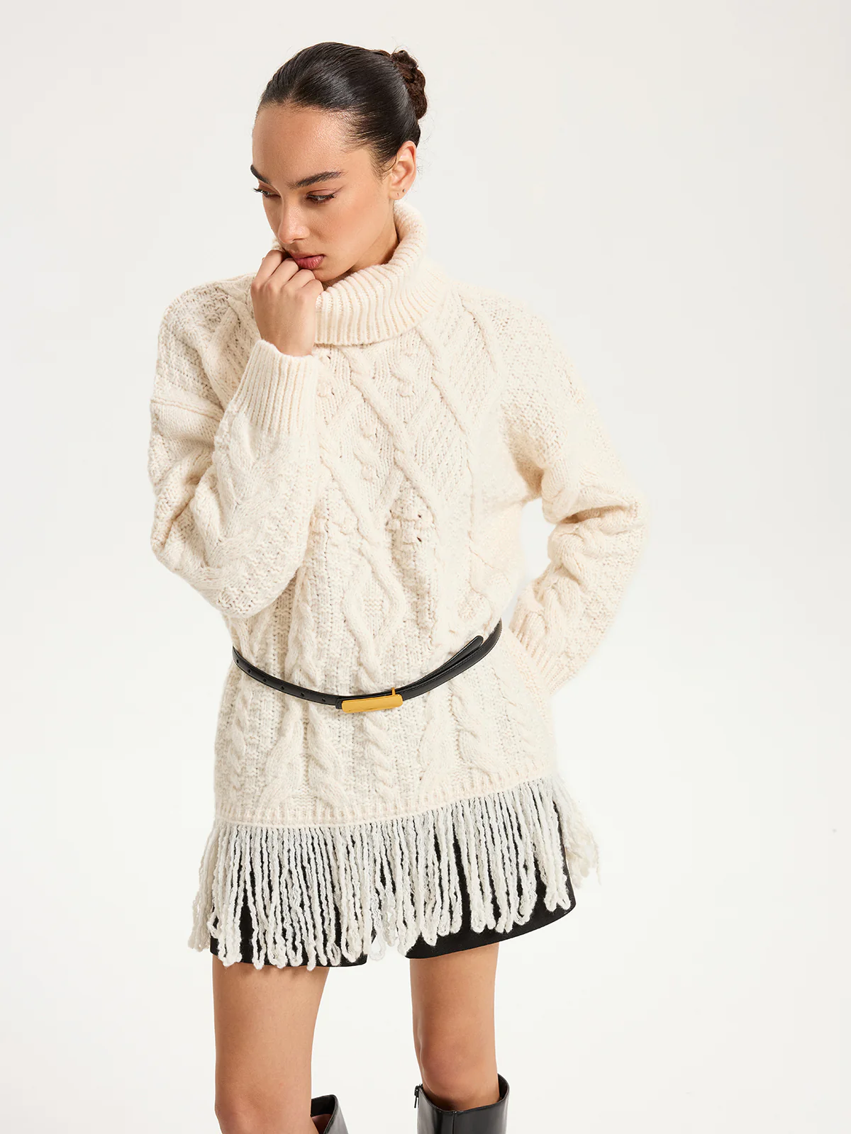 Fringe Hem Cable-Knit Turtleneck Sweater - Wholesalesil