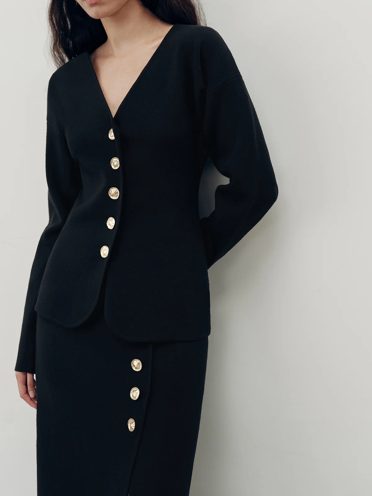 Metal Button V-Neck Cardigan - Wholesalesil