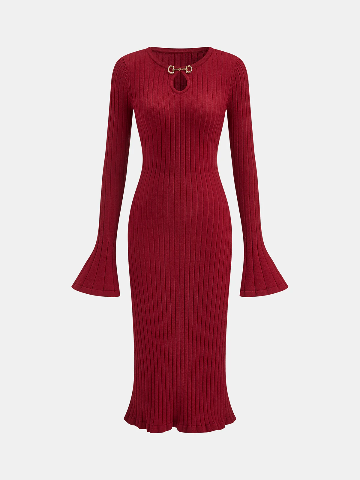 Bell Sleeve Mermaid Hem Horsebit Knit Midi Dress - Wholesalesil