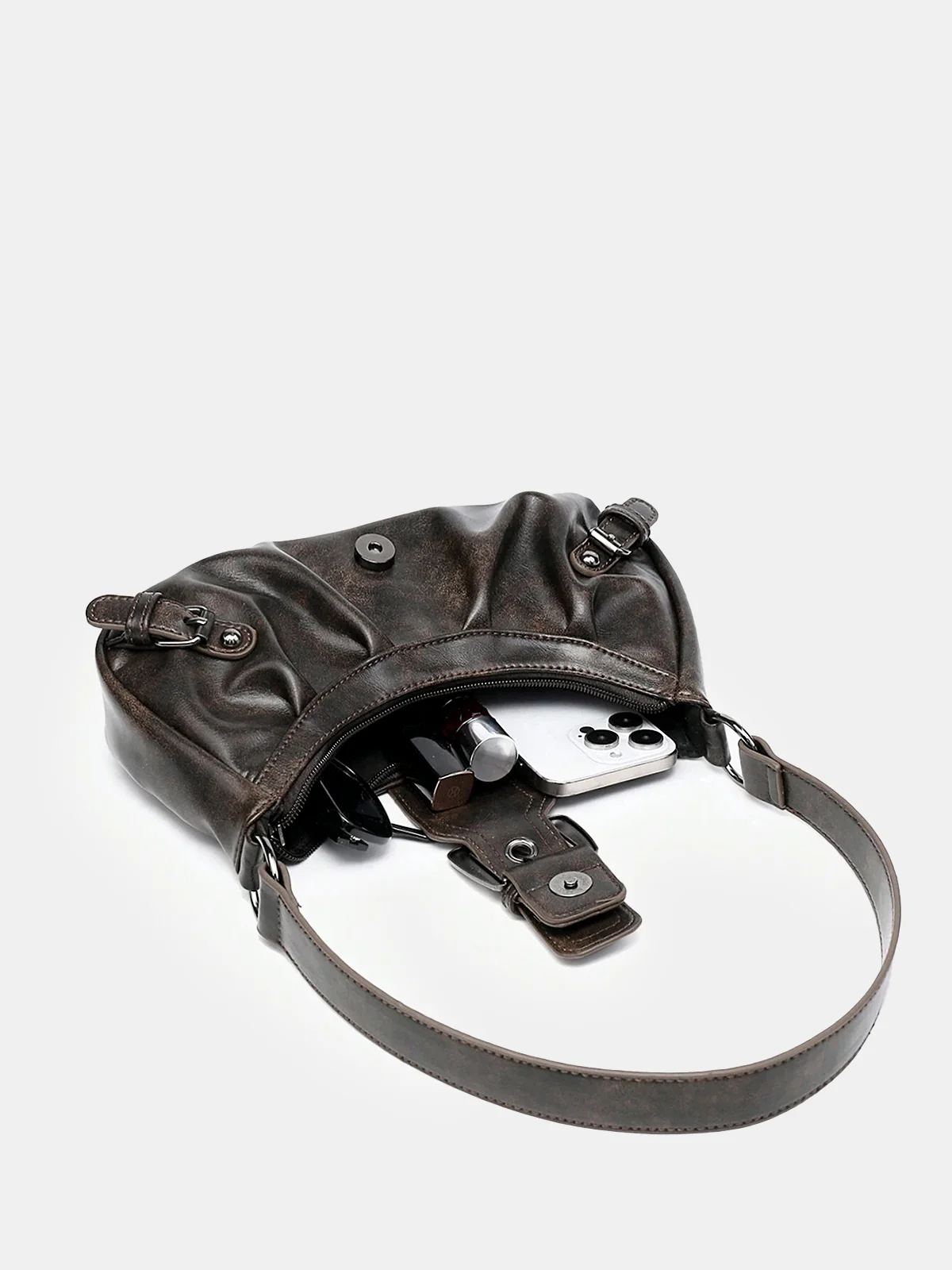 Vintage Faux Leather Buckle-Accent Hobo Bag - Wholesalesil