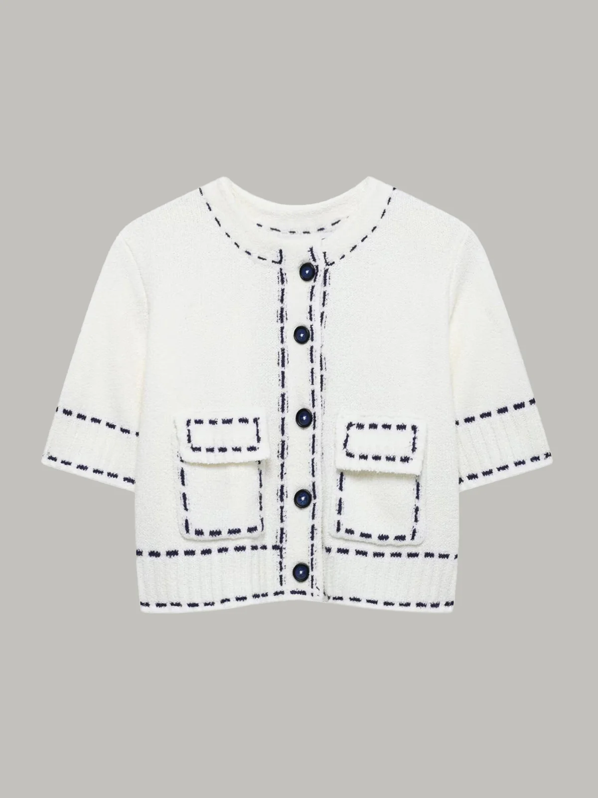 Short-Sleeved Cropped Cardigan with Contrast Stitching - Wholesalesil