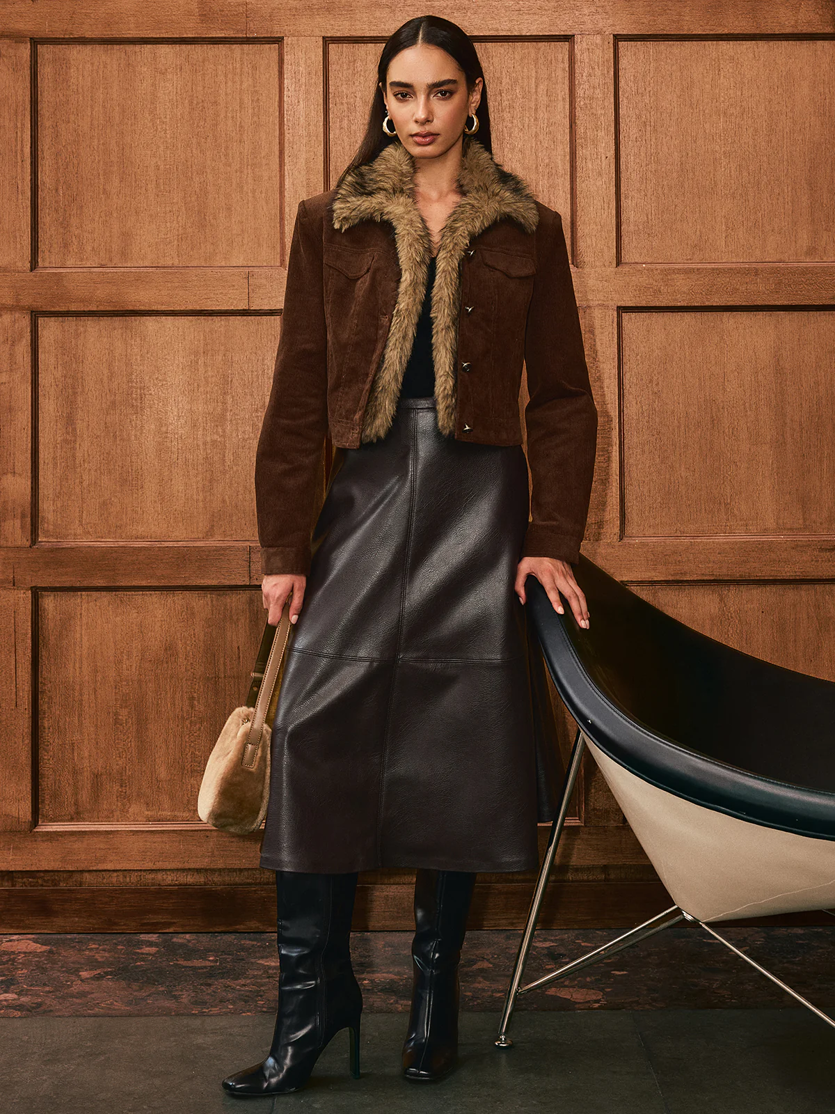 Faux Fur Collar Corduroy Jacket - Wholesalesil