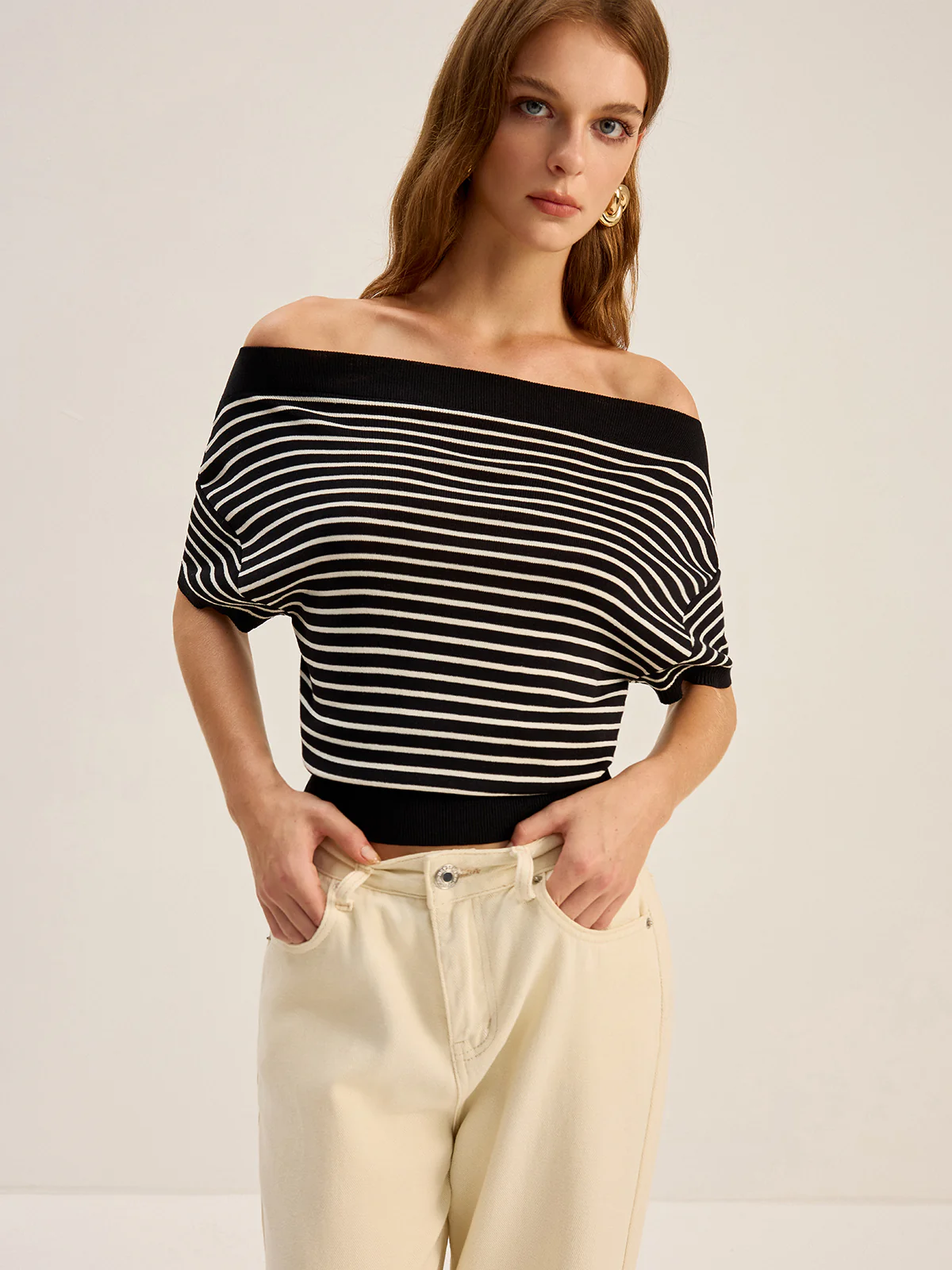 Striped Off-Shoulder Knit Top - Wholesalesil