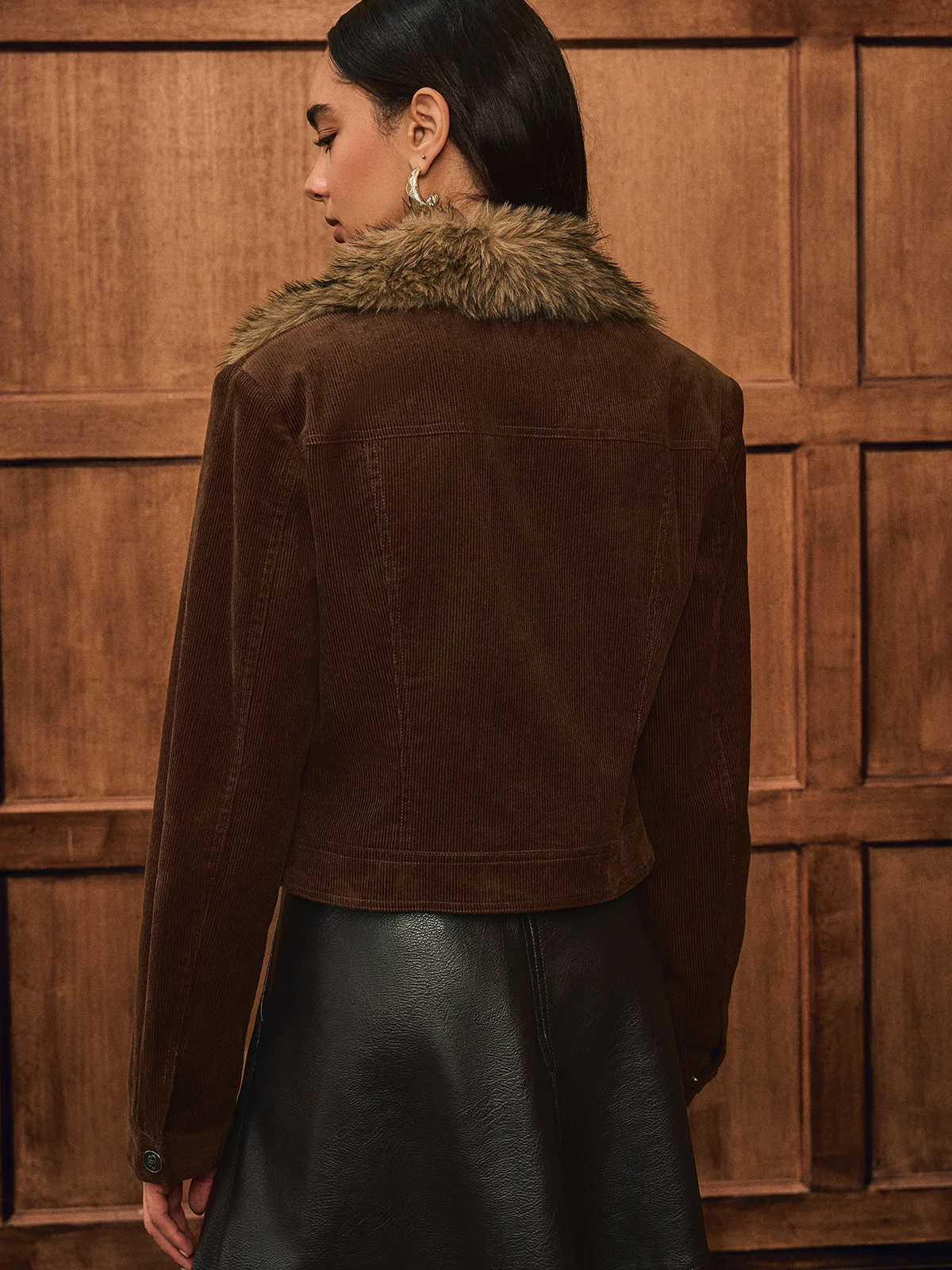 Faux Fur Collar Corduroy Jacket - Wholesalesil